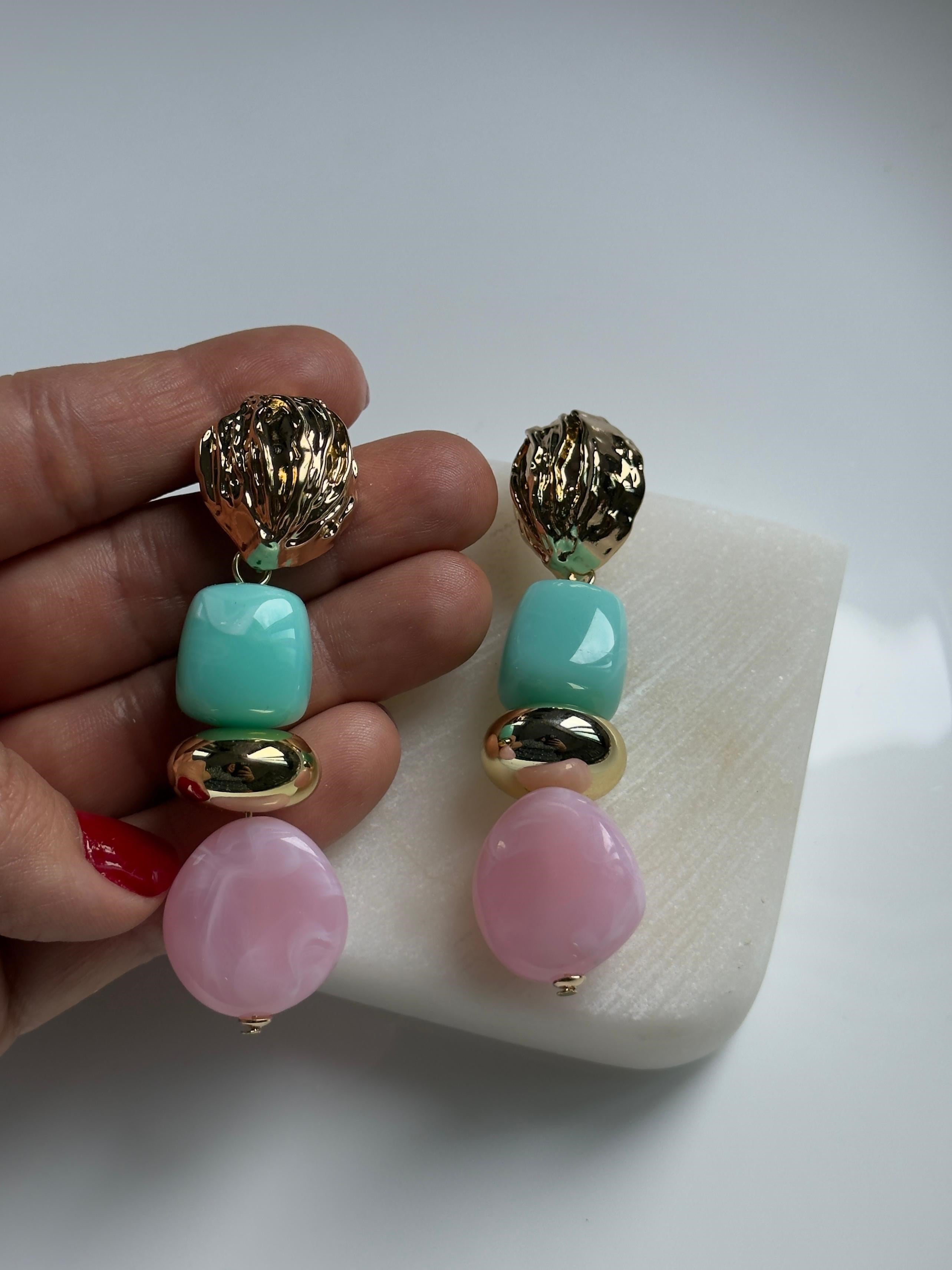 Özel Seri Mavi Pembe Boncuk Sallantılı  Küpe
