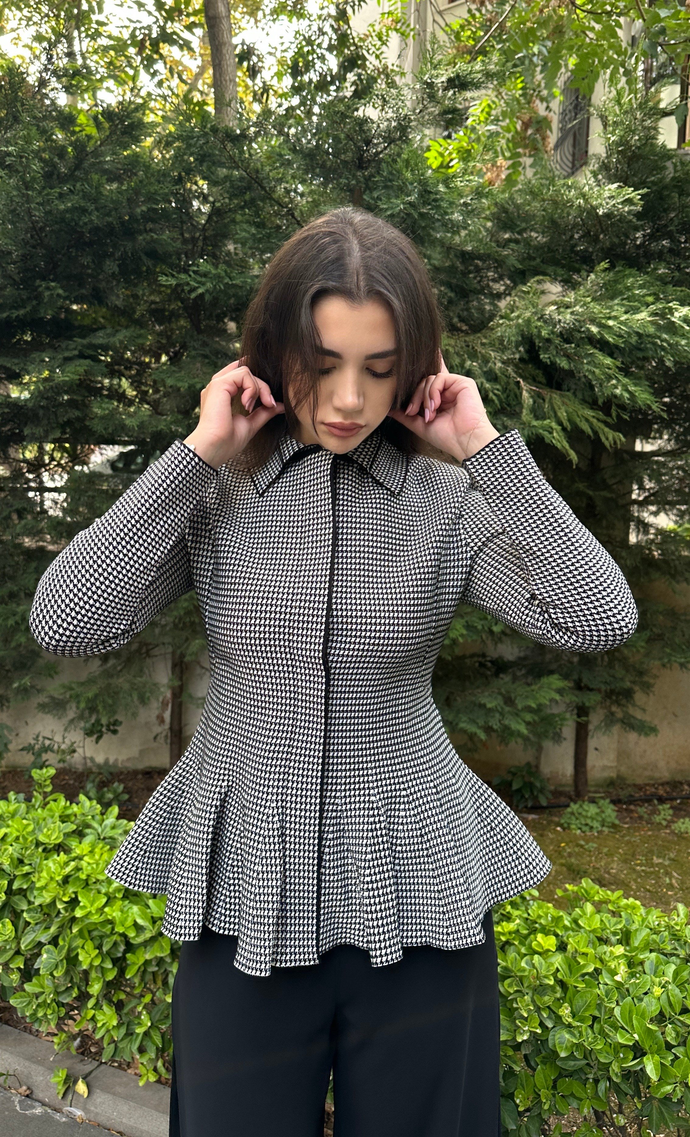 Kazayağı Desenli Peplum Ceket