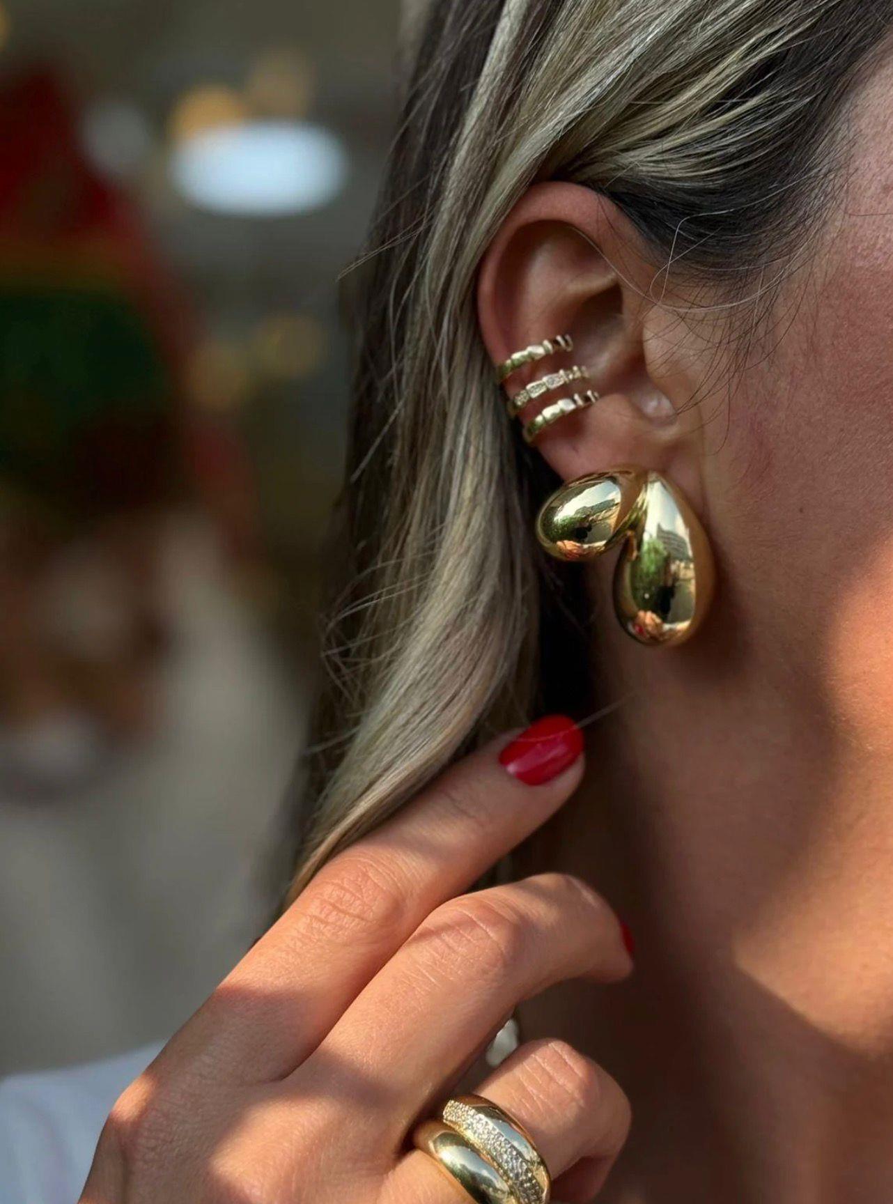 Gold Bombeli Kadın Küpe ve Earcuff İkili Set