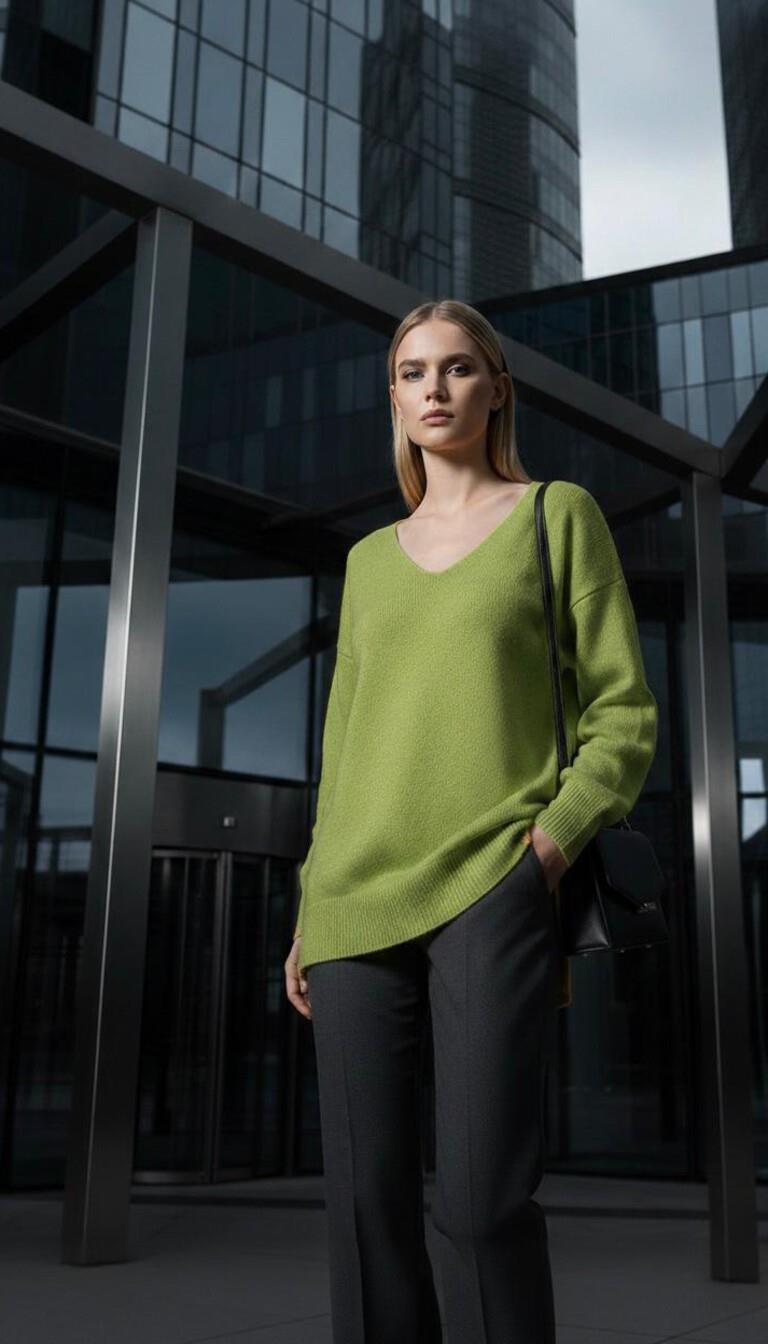 V Yaka Oversize Triko Tunik Yeşil