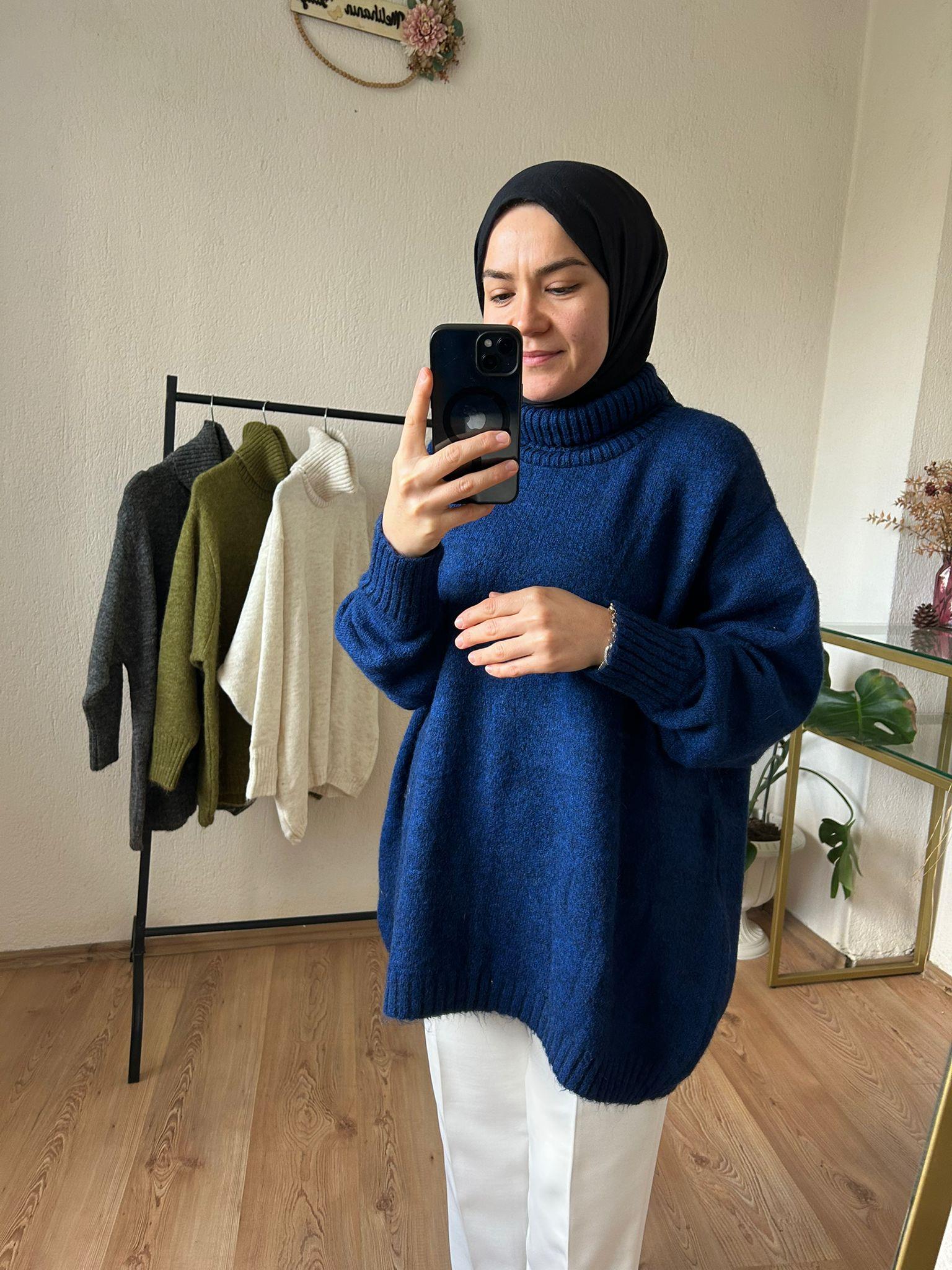 Balıkçı yaka triko kazak Saks Mavi