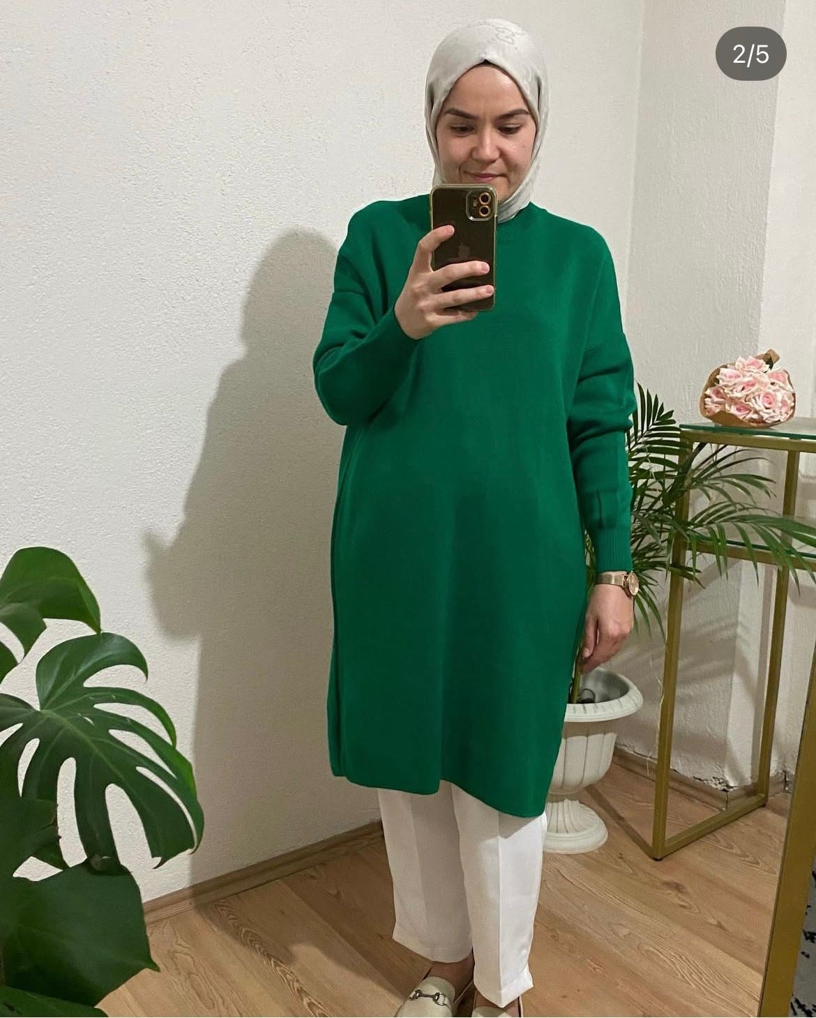 Çelik Örme Uzun Triko Tunik Yeşil