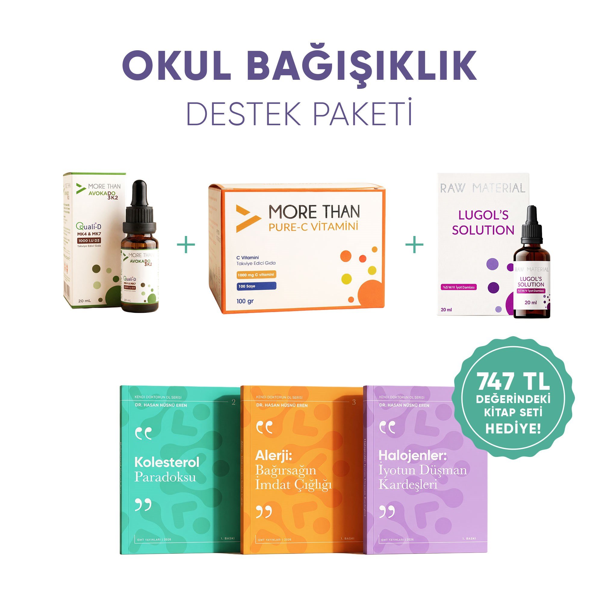Okul Bağışıklık Destek Paketi | D3K2 + Pure C + Lugol %2 + 3 Kitap Hediye
