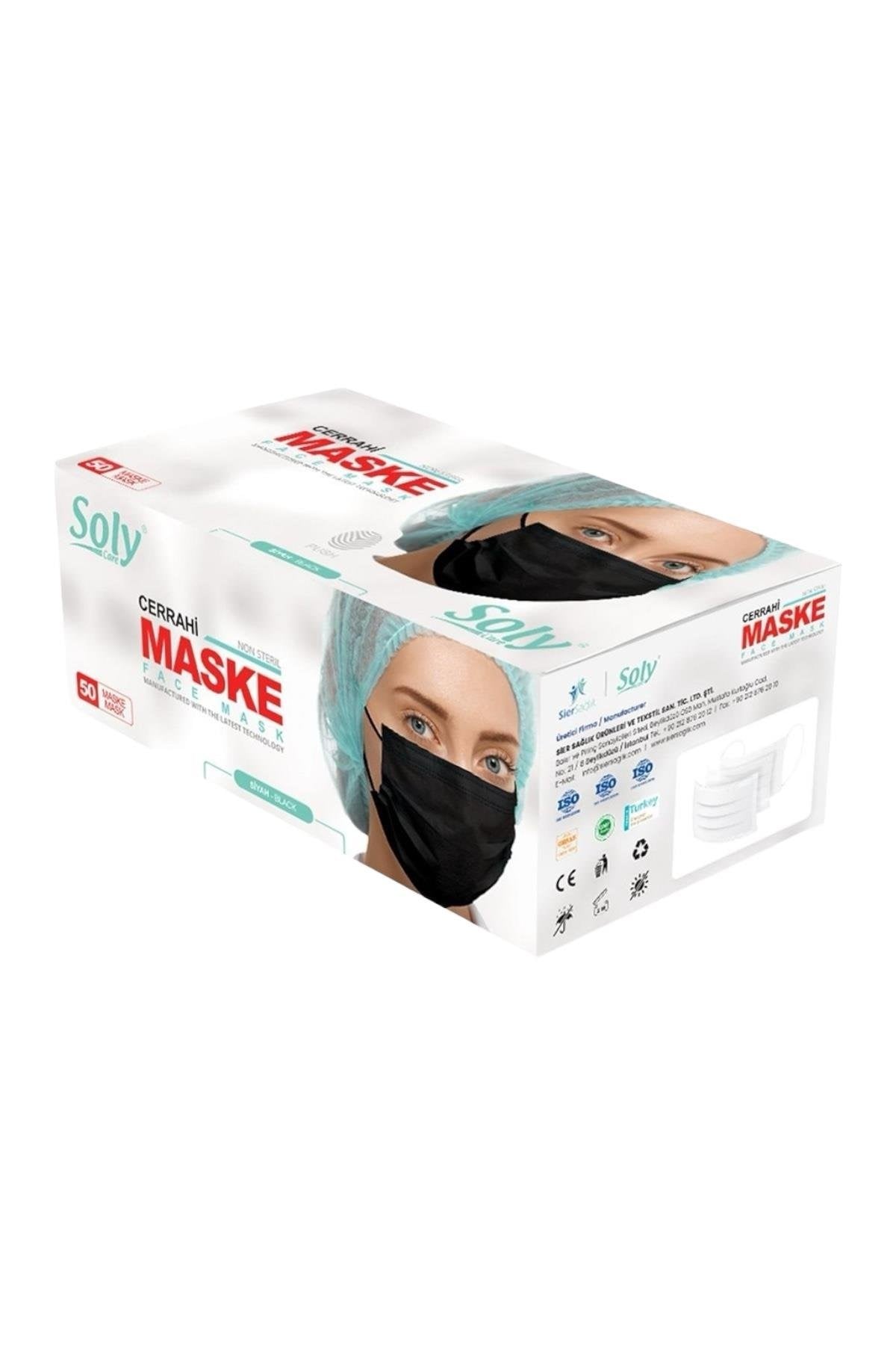 Solycare Siyah 3 Katlı Meltblown Filtreli Maske 50'Li