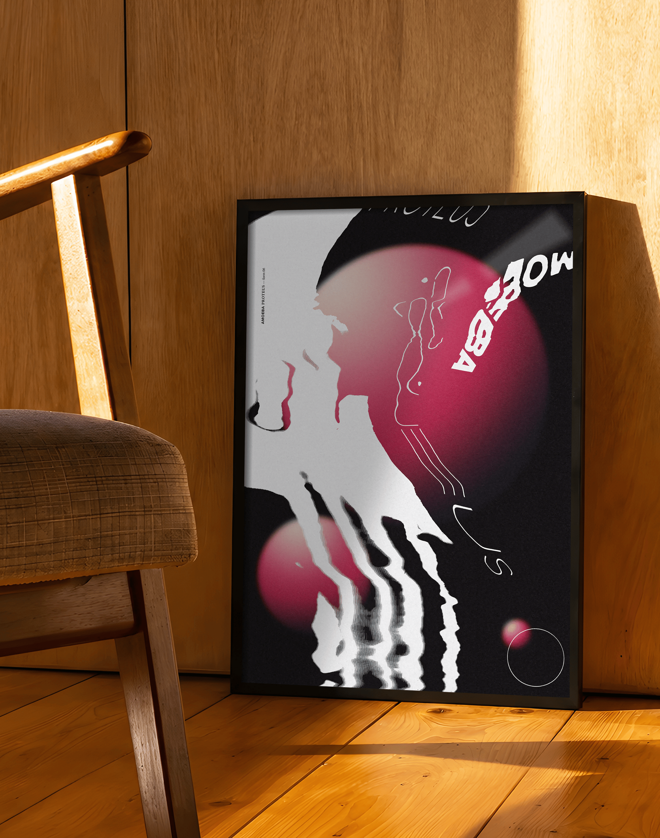 Amoeba Orbit Modern Duvar Tablosu – Siyah Pembe Abstract Organik Poster