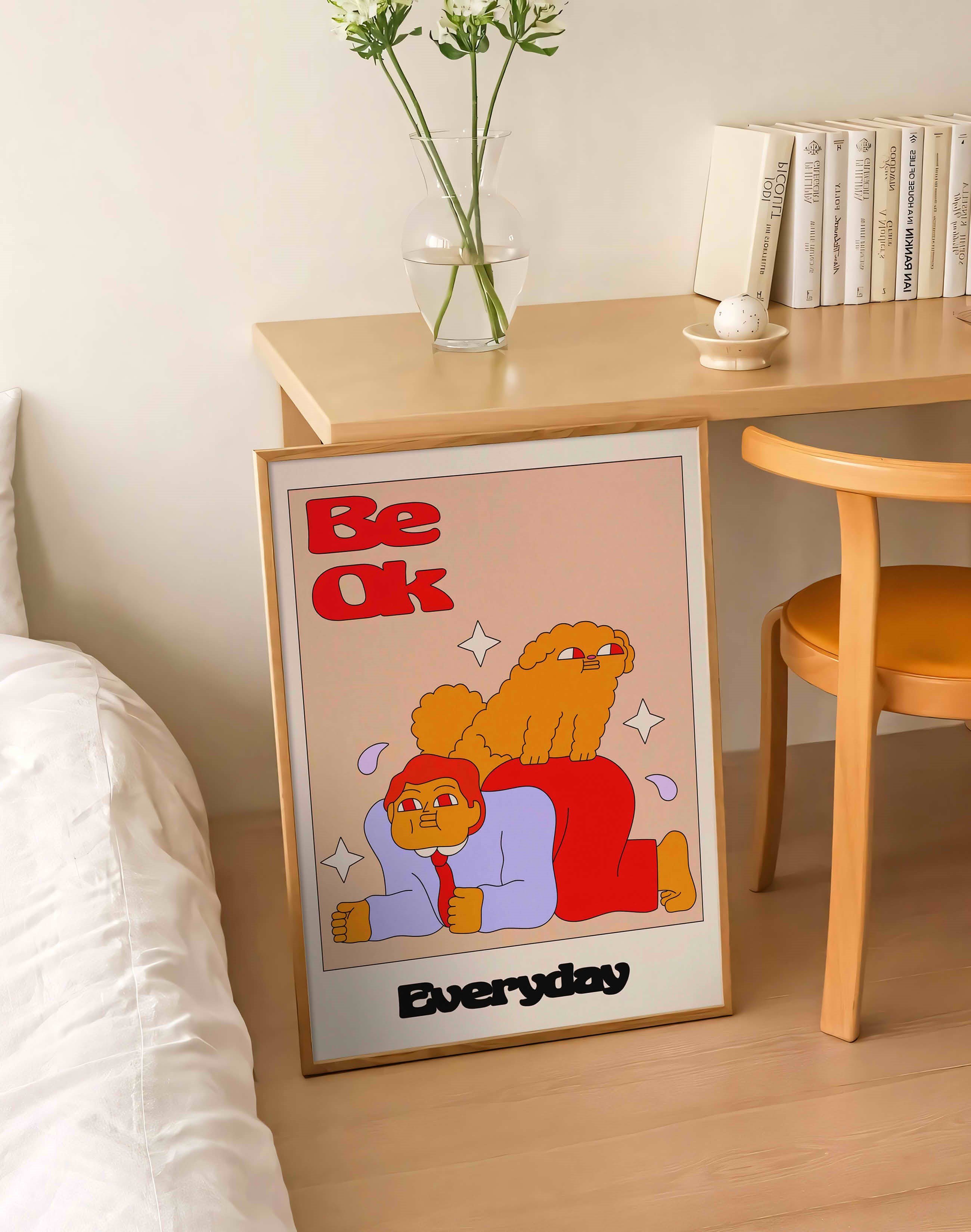 Be OK Everyday Renkli Figüratif Duvar Tablosu - Krem Zeminli Tipografik Poster