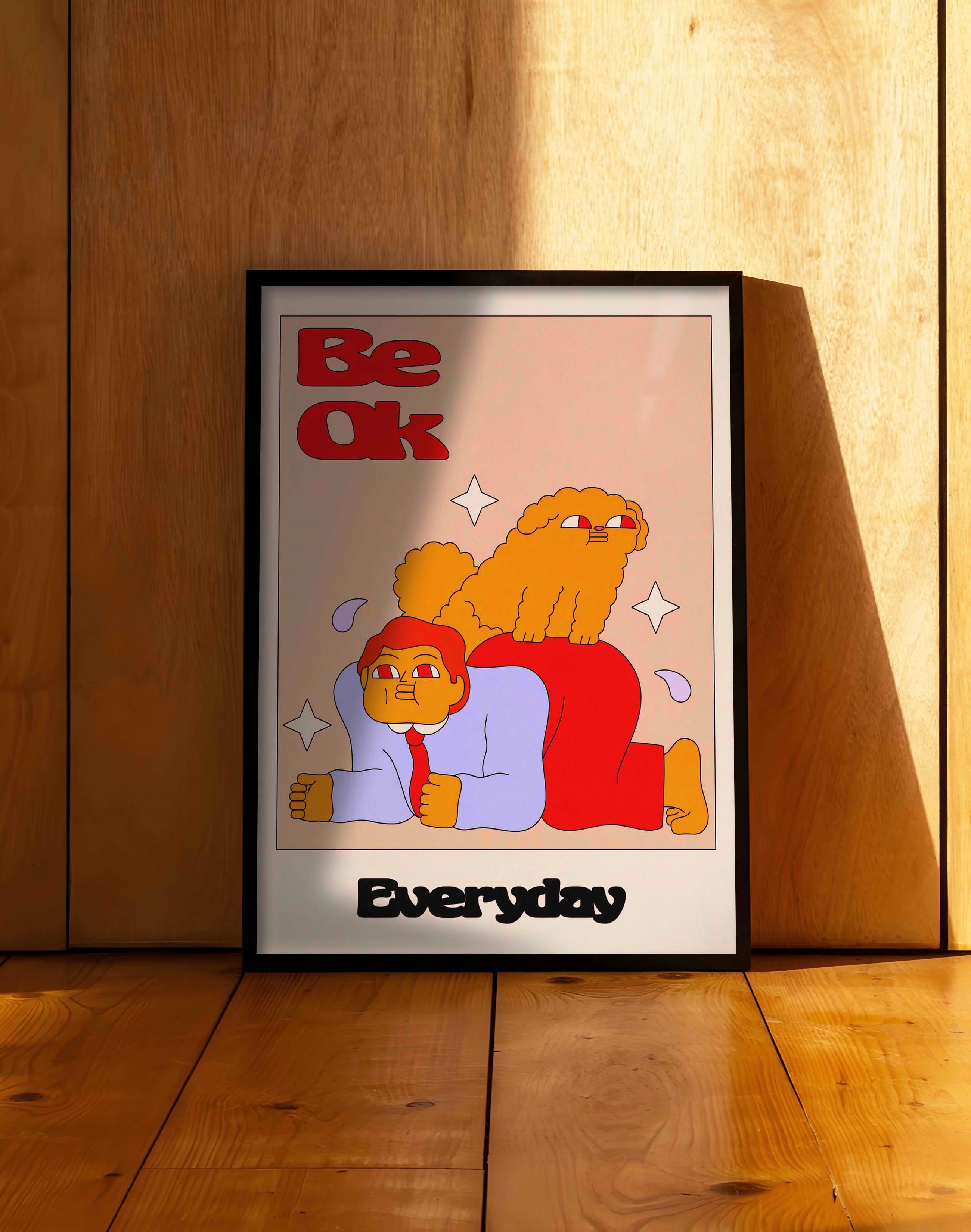 Be OK Everyday Renkli Figüratif Duvar Tablosu - Krem Zeminli Tipografik Poster