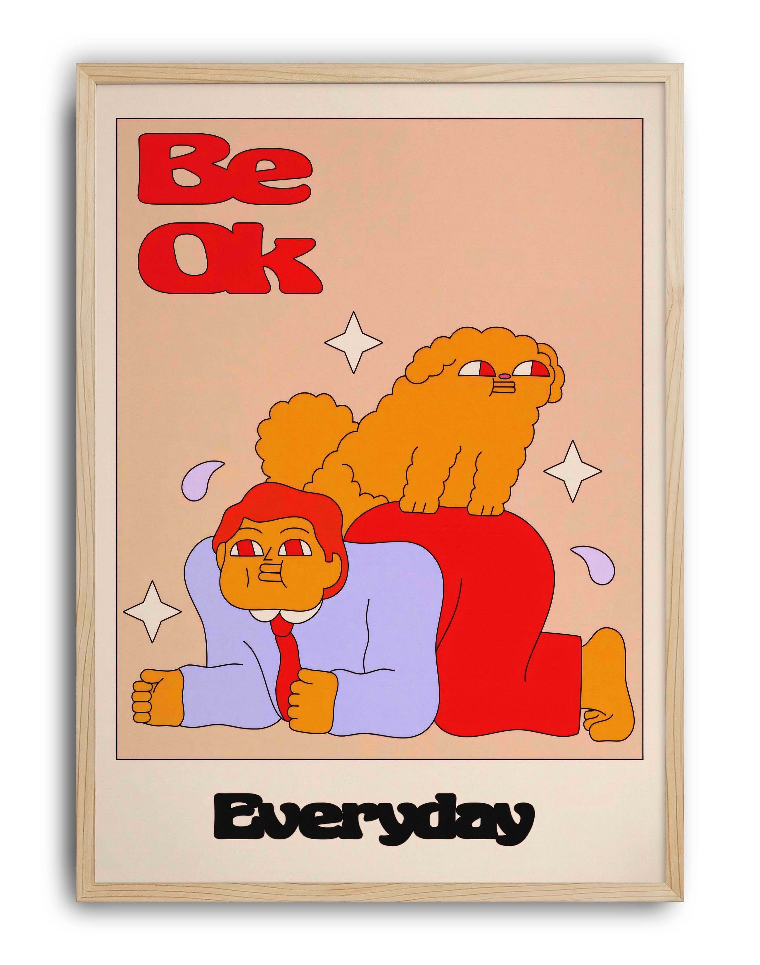 Be OK Everyday Renkli Figüratif Duvar Tablosu - Krem Zeminli Tipografik Poster