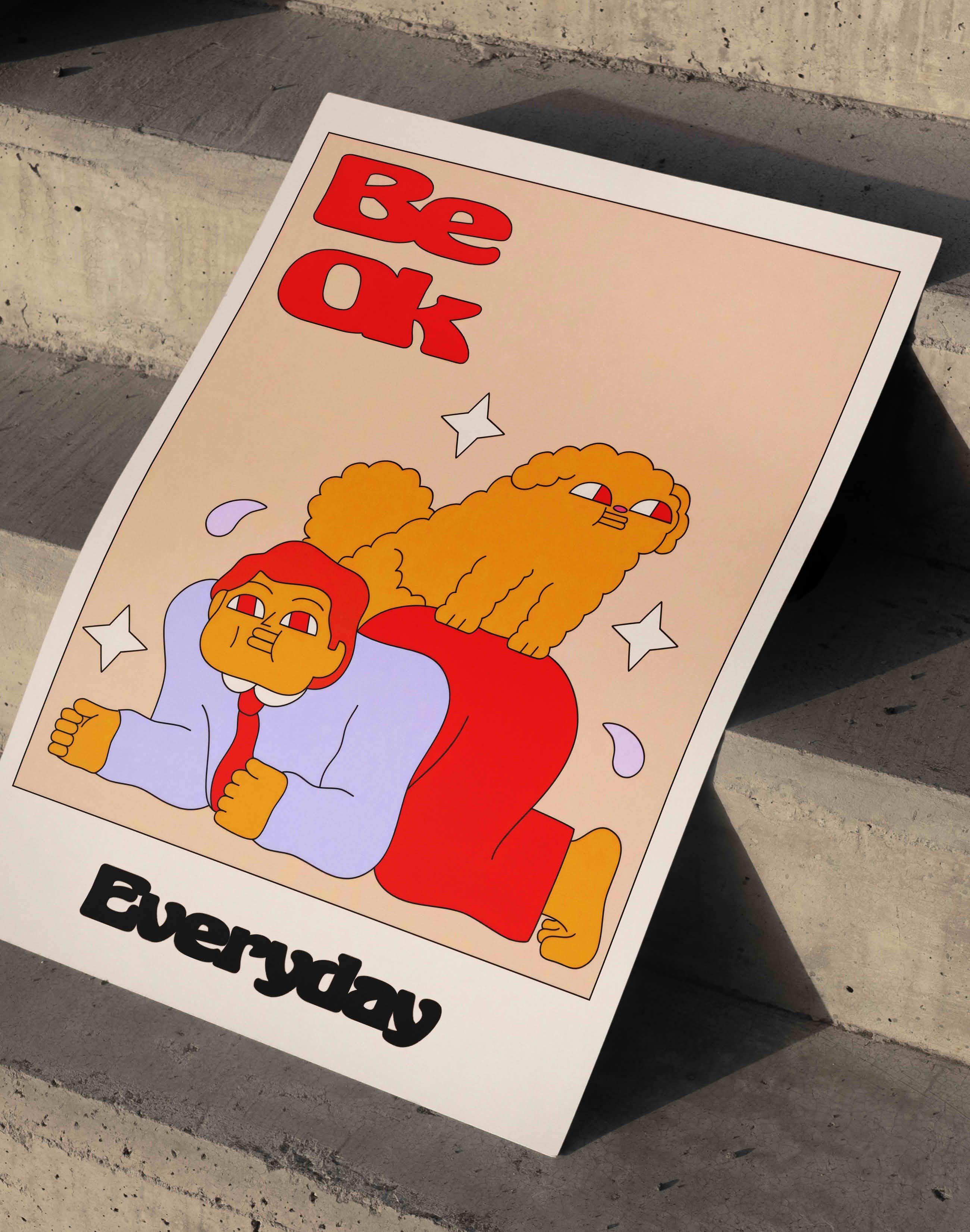 Be OK Everyday Renkli Figüratif Duvar Tablosu - Krem Zeminli Tipografik Poster