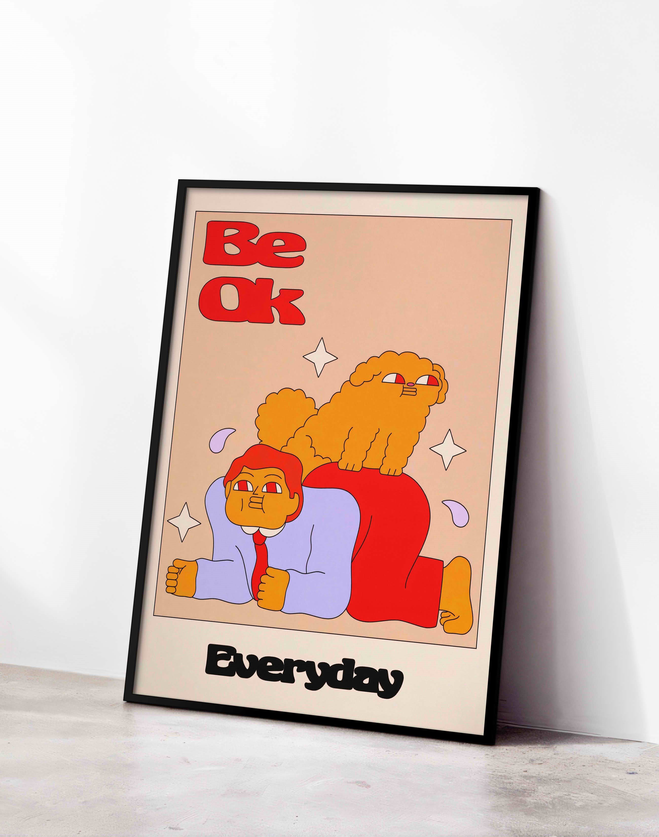 Be OK Everyday Renkli Figüratif Duvar Tablosu - Krem Zeminli Tipografik Poster