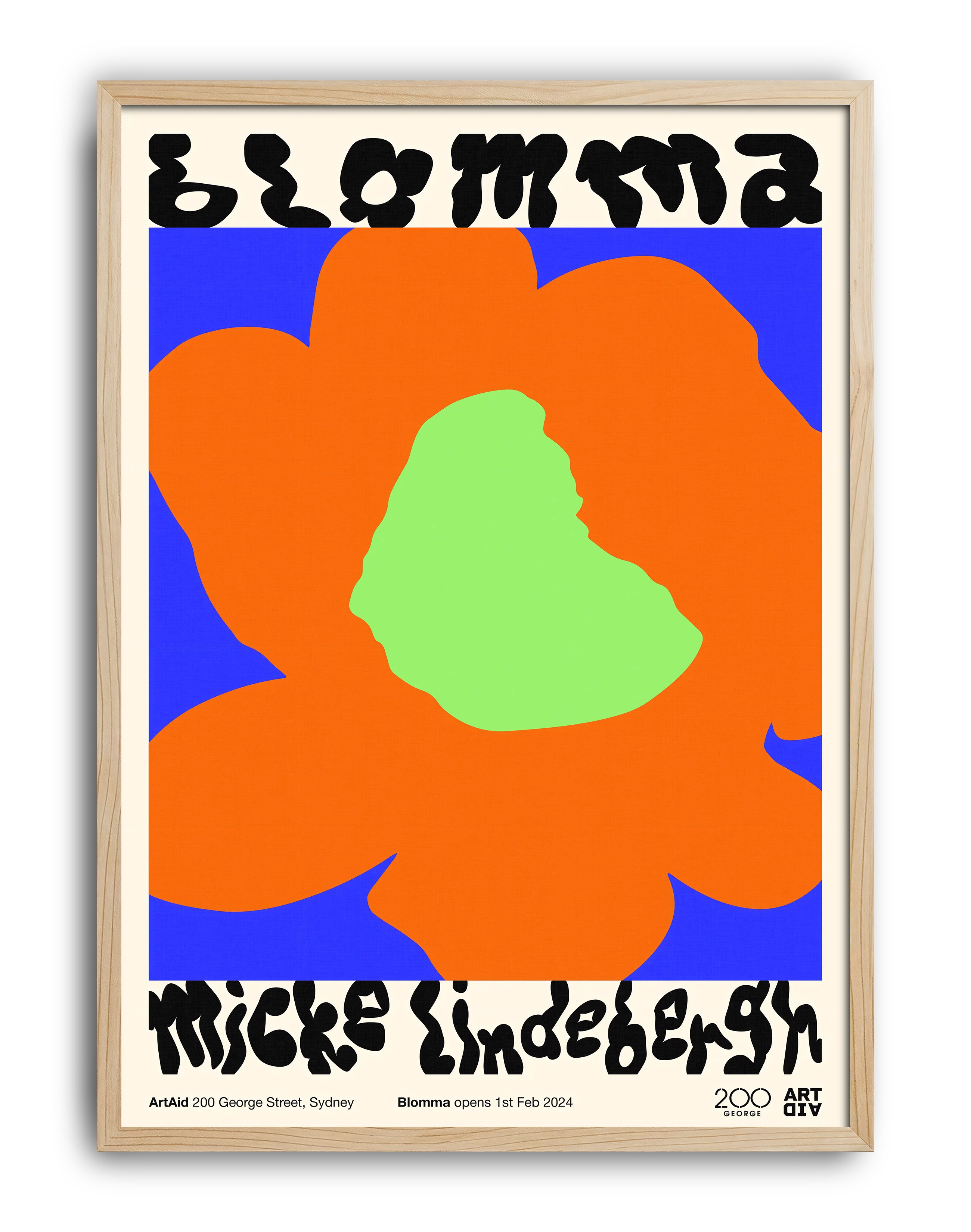 Blomma Flower Modern Duvar Tablosu – Turuncu Mavi Tipografik Çiçek Poster