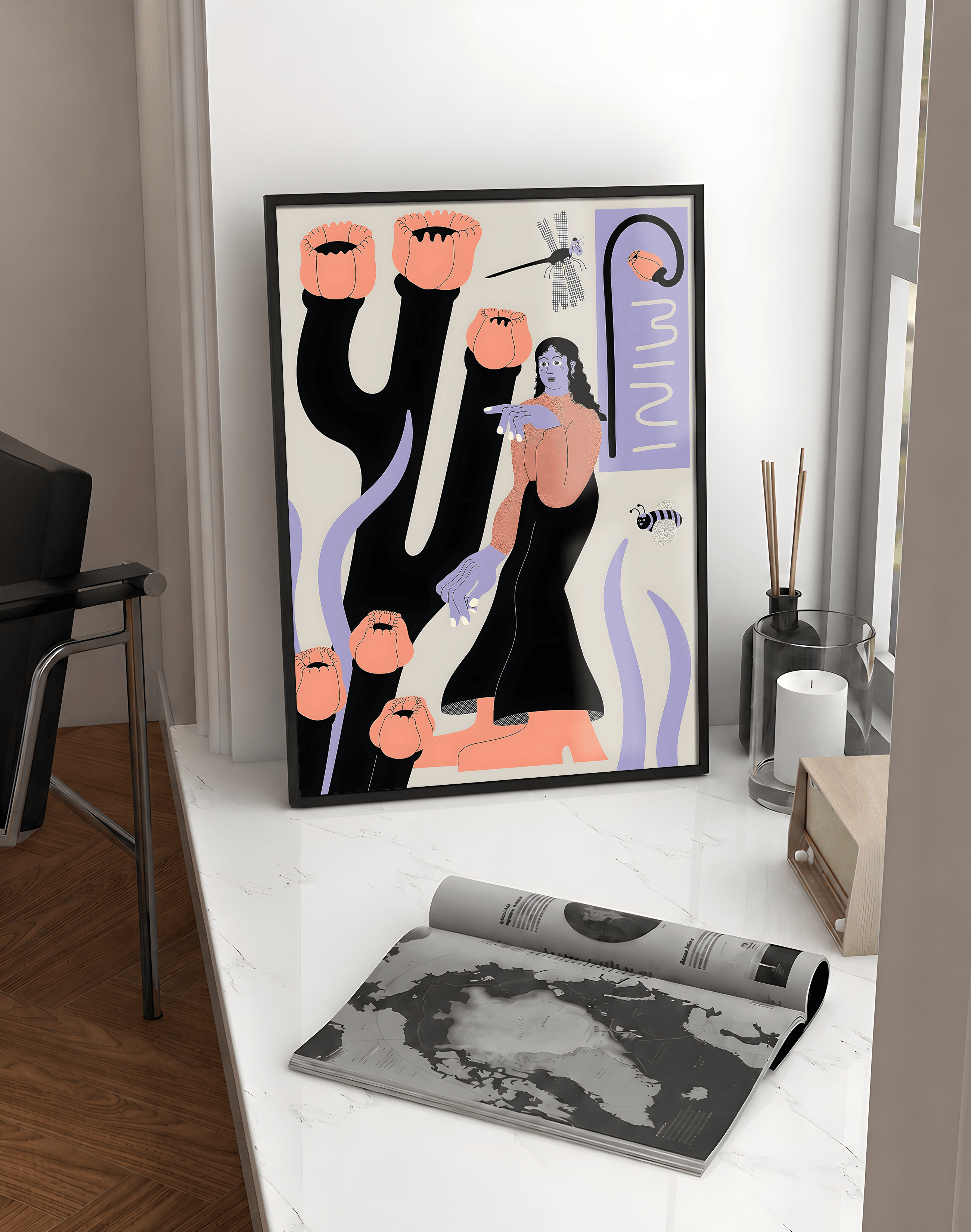 Bloom Guardian Modern Duvar Tablosu – Bej Mor Figüratif Botanik Poster