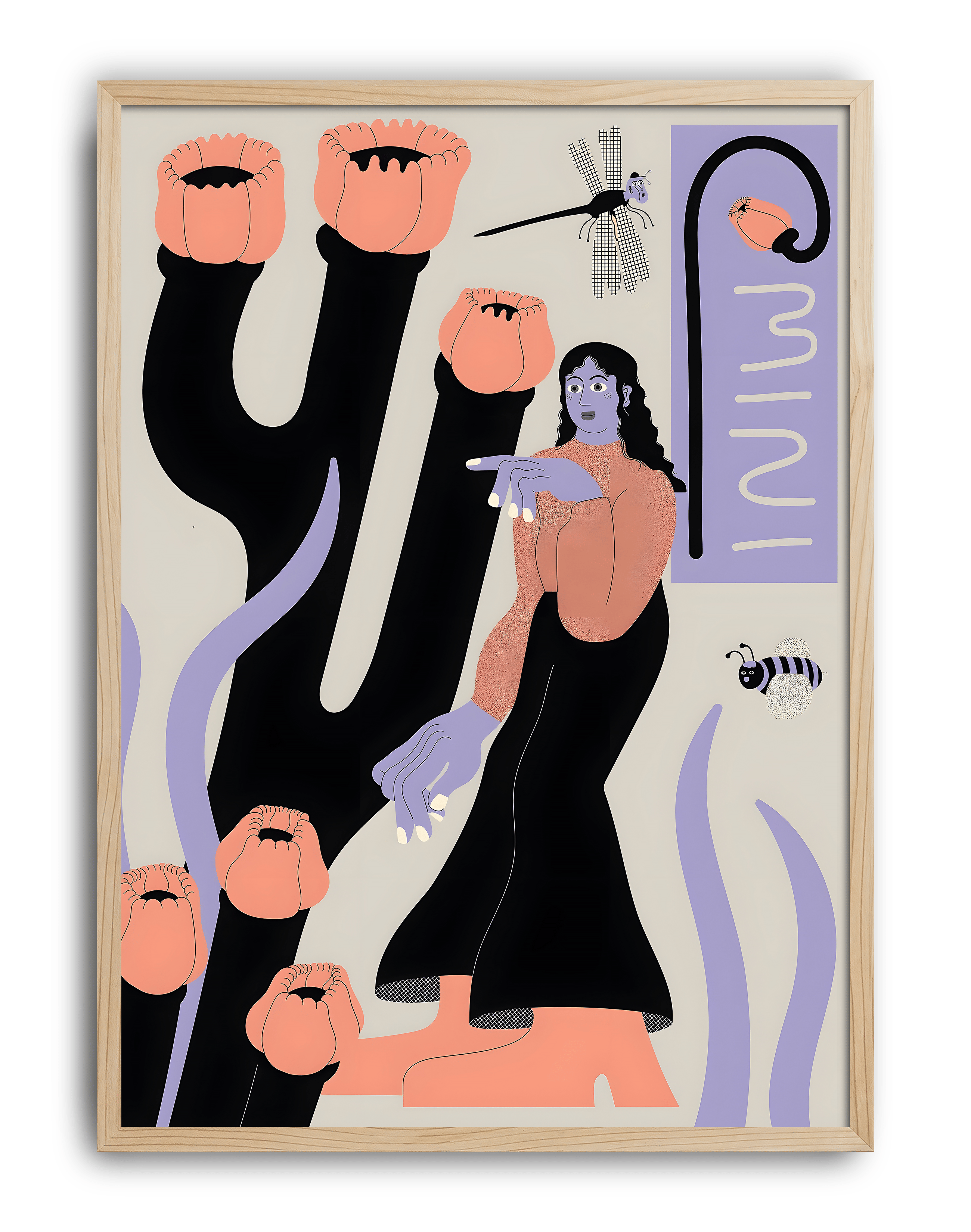 Bloom Guardian Modern Duvar Tablosu – Bej Mor Figüratif Botanik Poster