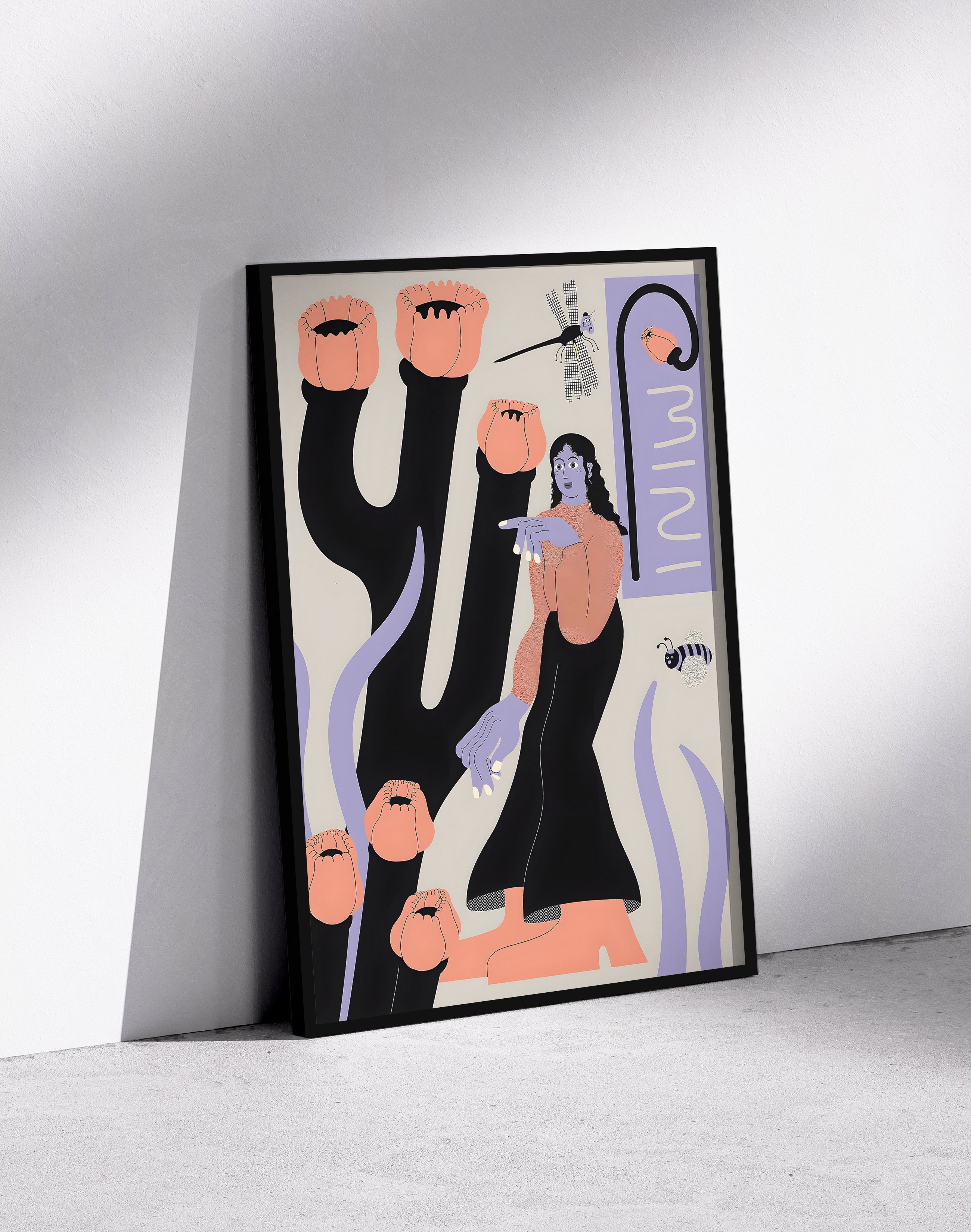 Bloom Guardian Modern Duvar Tablosu – Bej Mor Figüratif Botanik Poster