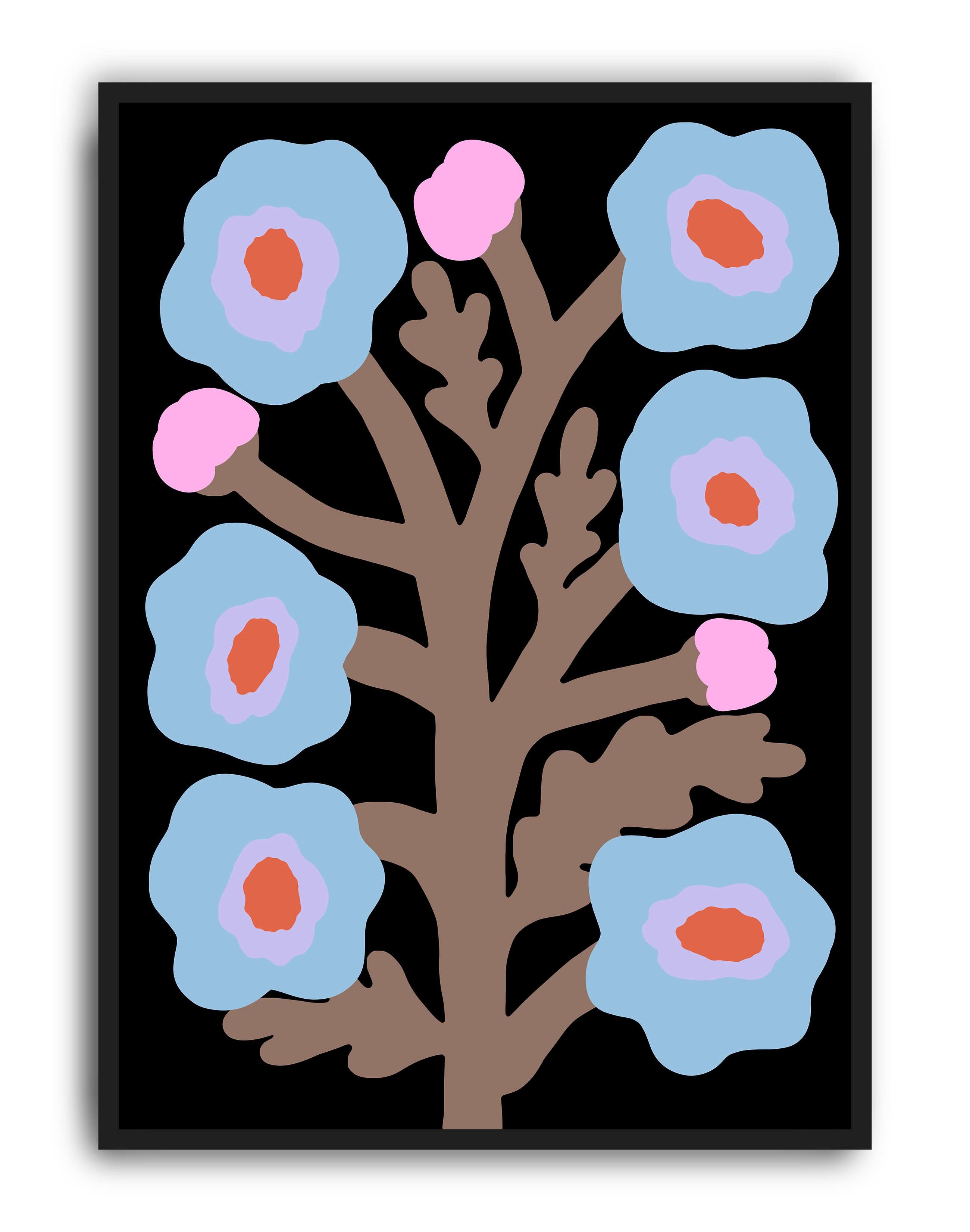 Blue Branch Mavi Pembe Dallı Retro Çiçek Duvar Tablosu