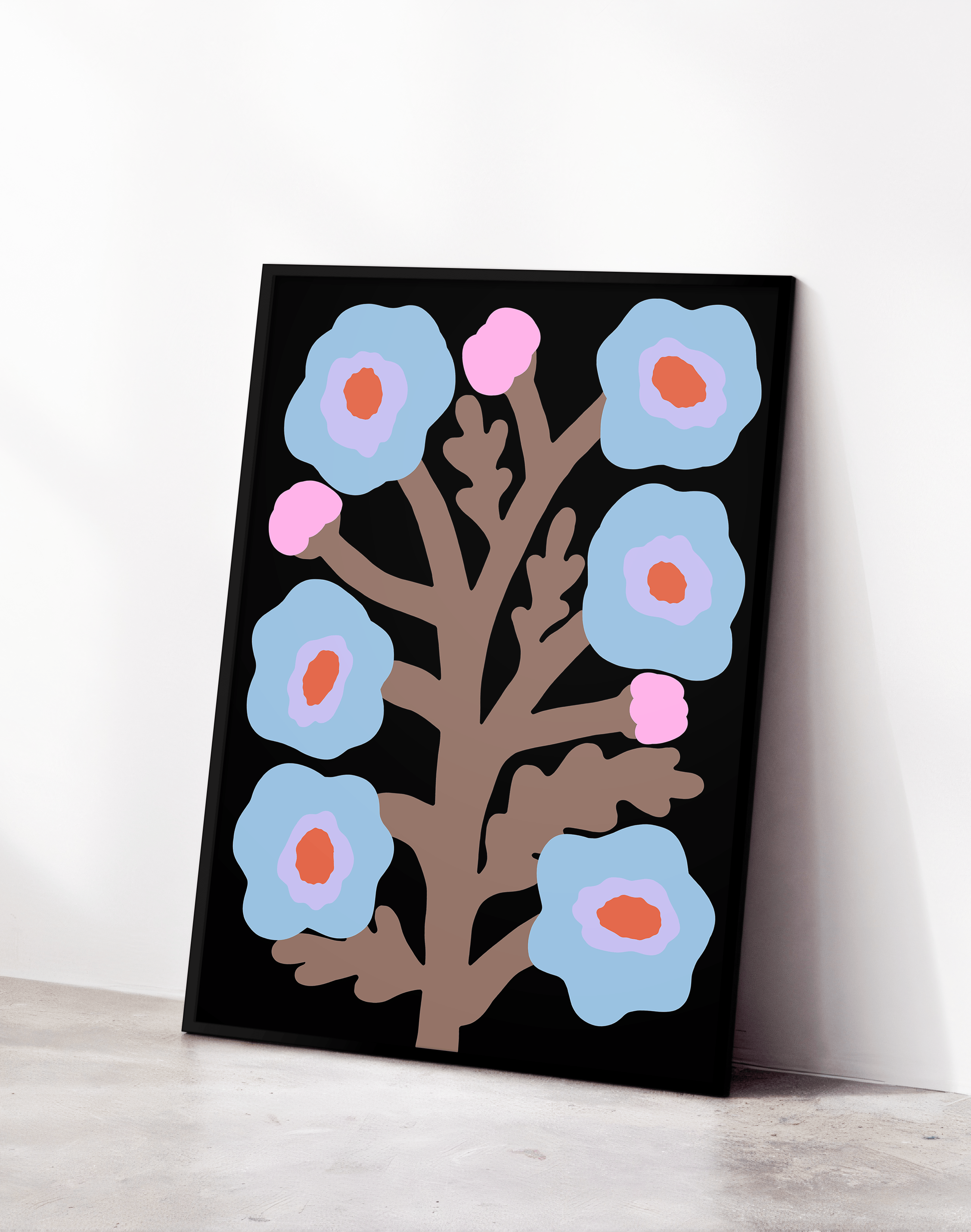 Blue Branch Mavi Pembe Dallı Retro Çiçek Duvar Tablosu