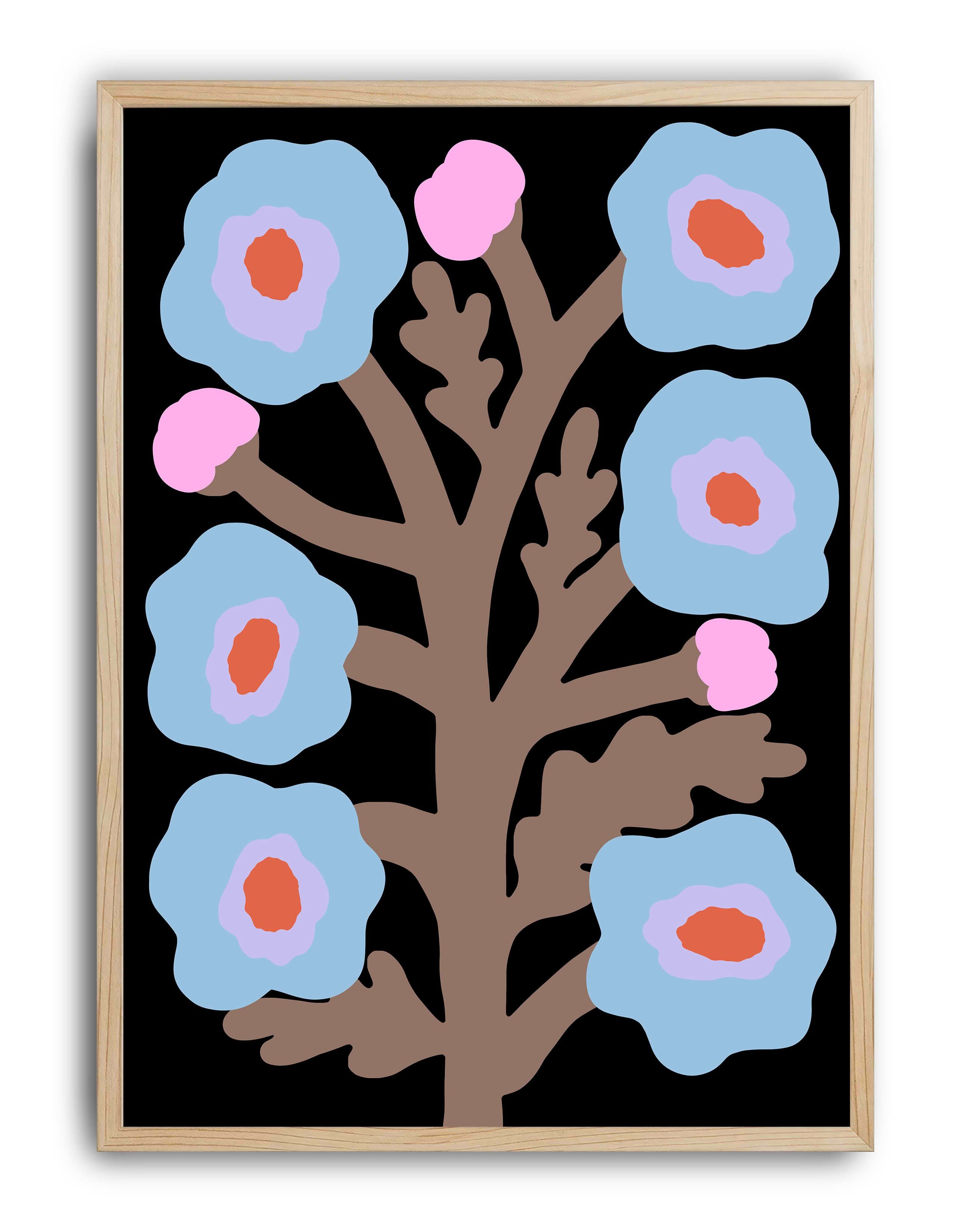 Blue Branch Mavi Pembe Dallı Retro Çiçek Duvar Tablosu