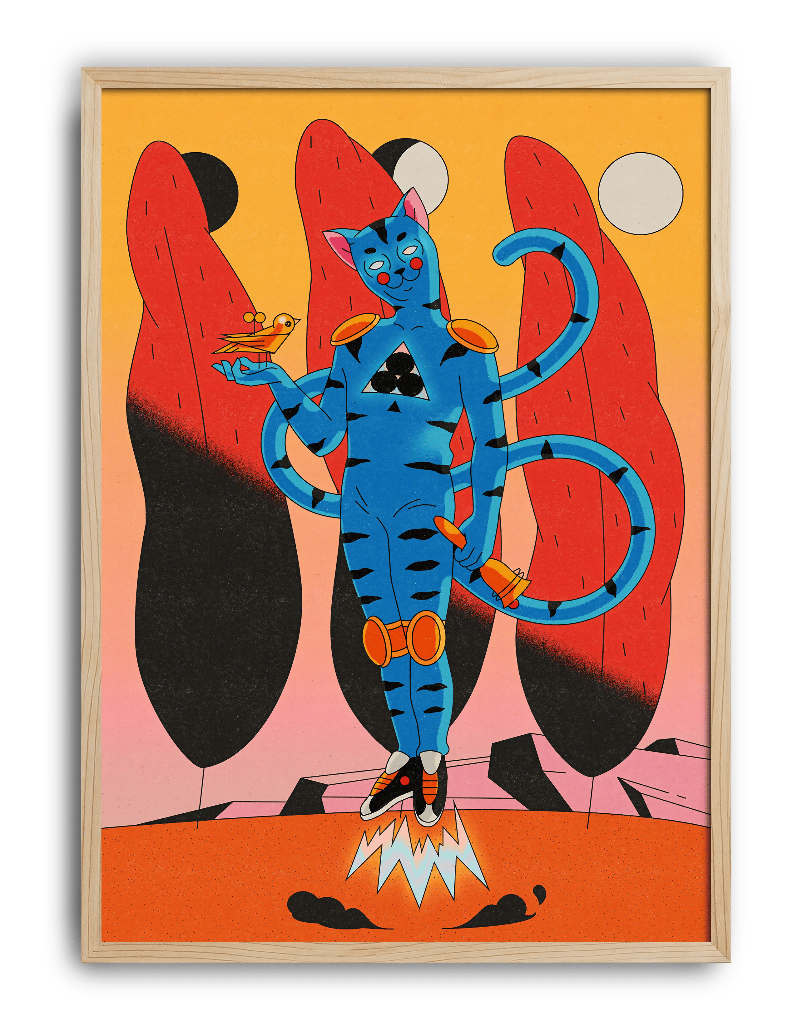 Blue Cat Rider Modern Duvar Tablosu – Sürreal Kedi Figürlü Renkli Poster