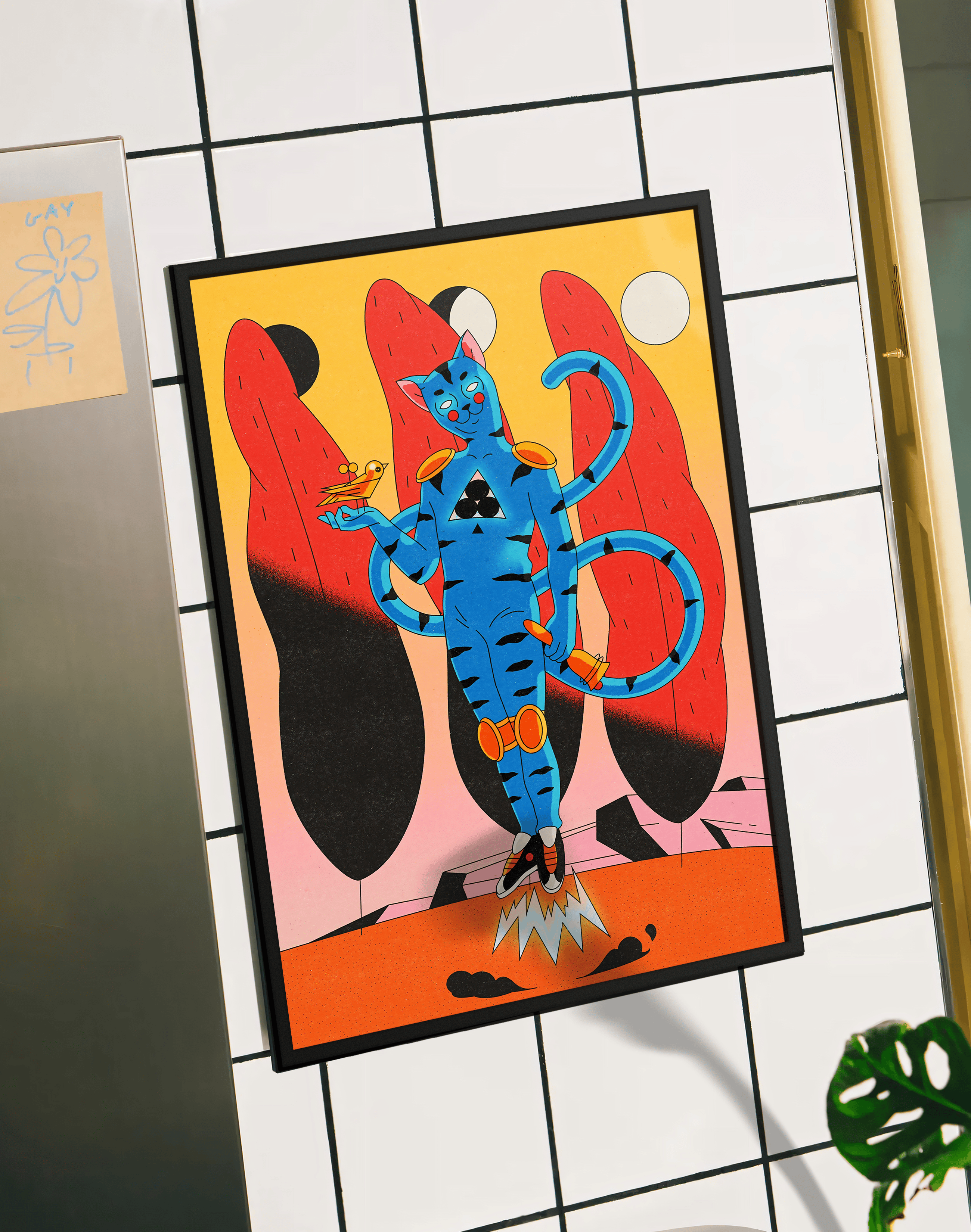 Blue Cat Rider Modern Duvar Tablosu – Sürreal Kedi Figürlü Renkli Poster