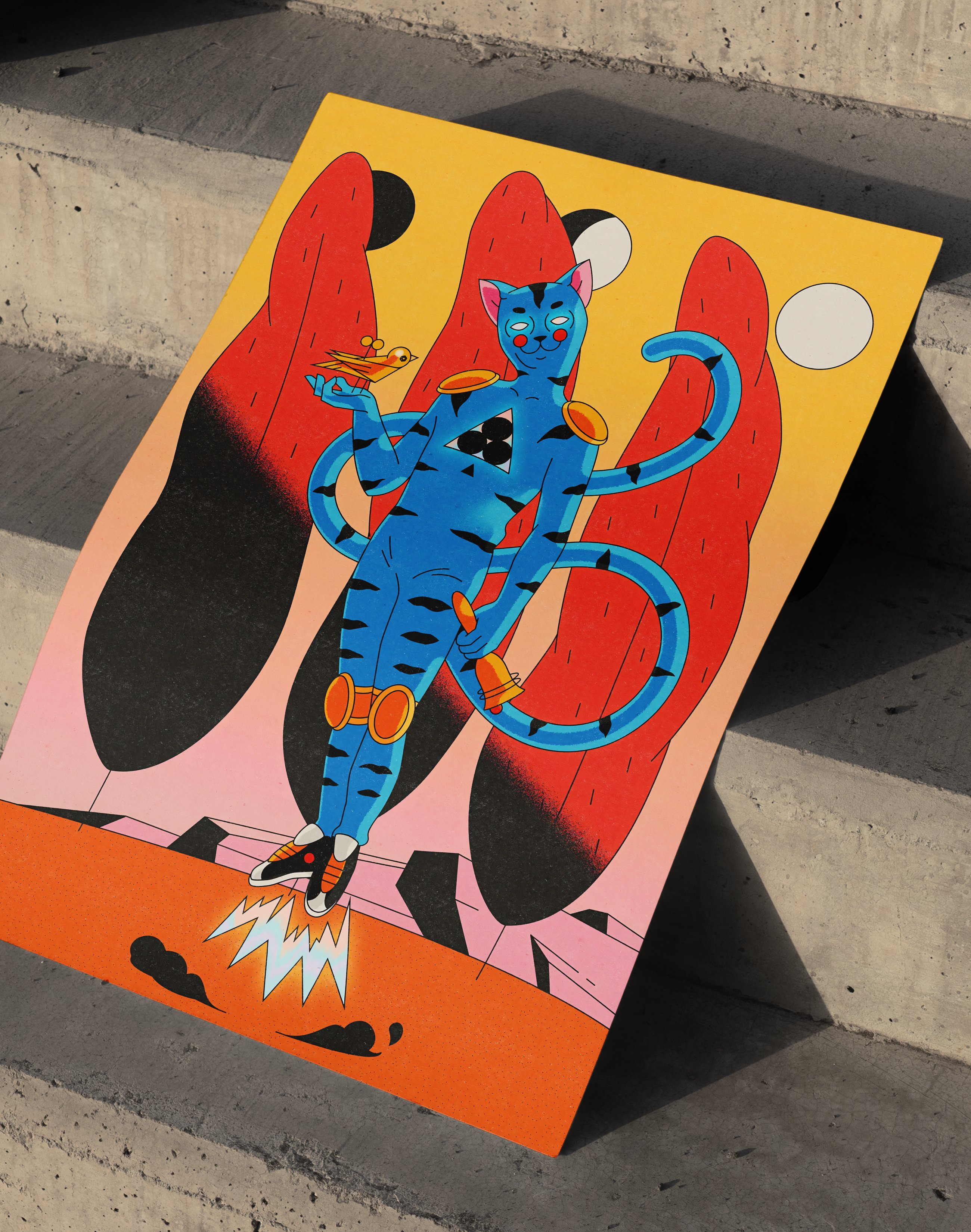 Blue Cat Rider Modern Duvar Tablosu – Sürreal Kedi Figürlü Renkli Poster