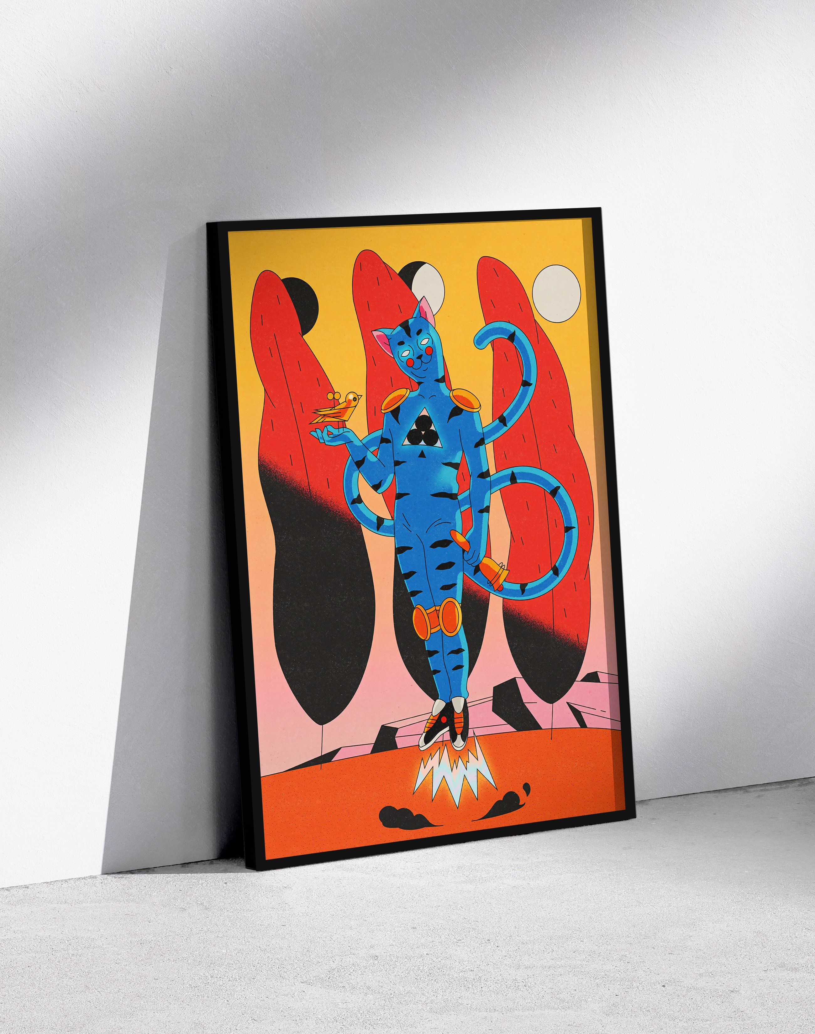 Blue Cat Rider Modern Duvar Tablosu – Sürreal Kedi Figürlü Renkli Poster