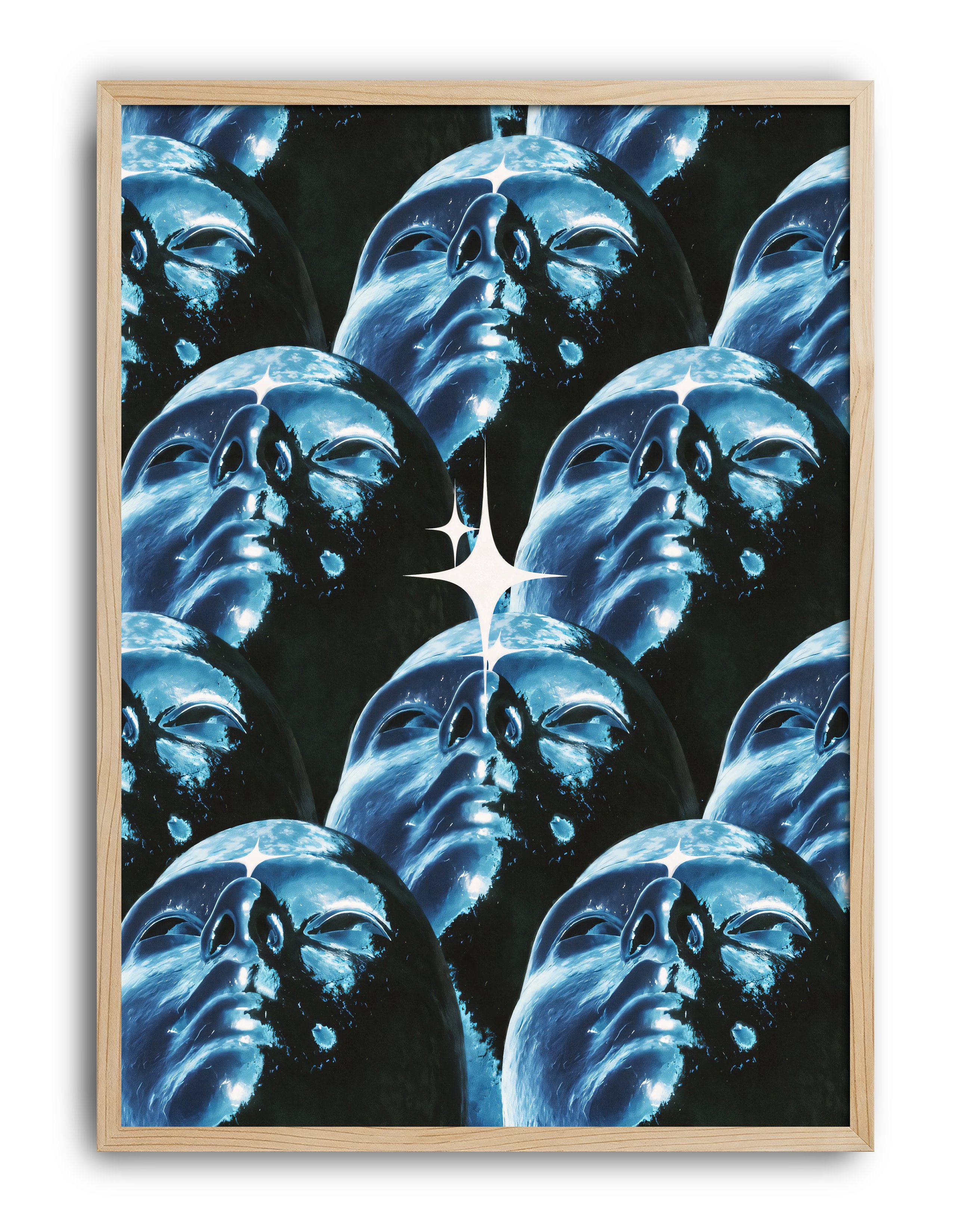 Blue Faces Modern Duvar Tablosu – Mavi Maske Kolaj Poster