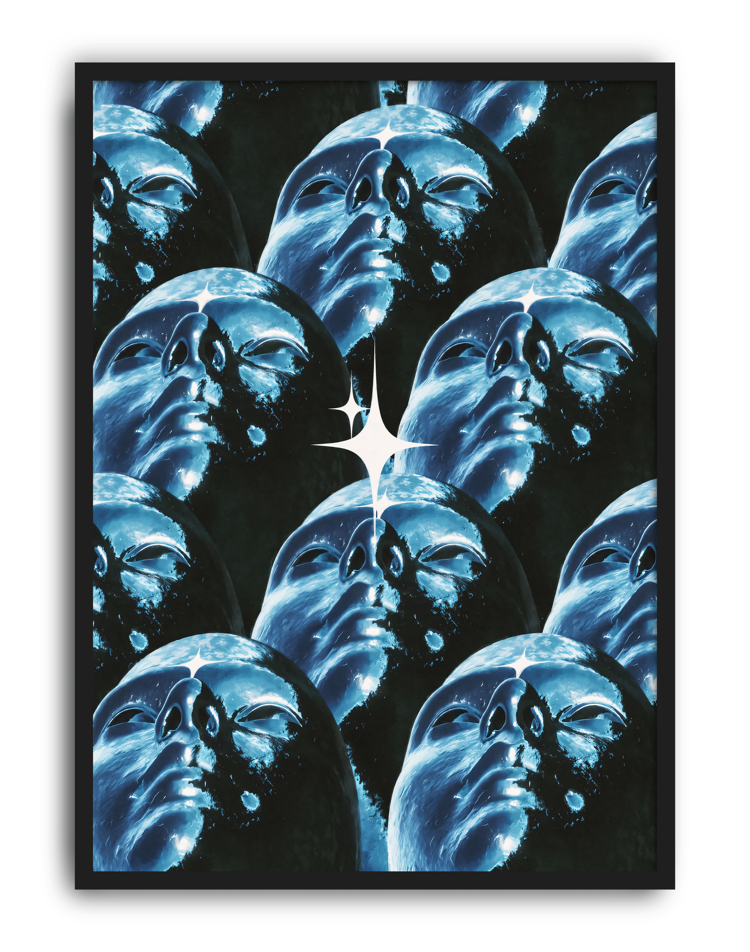 Blue Faces Modern Duvar Tablosu – Mavi Maske Kolaj Poster
