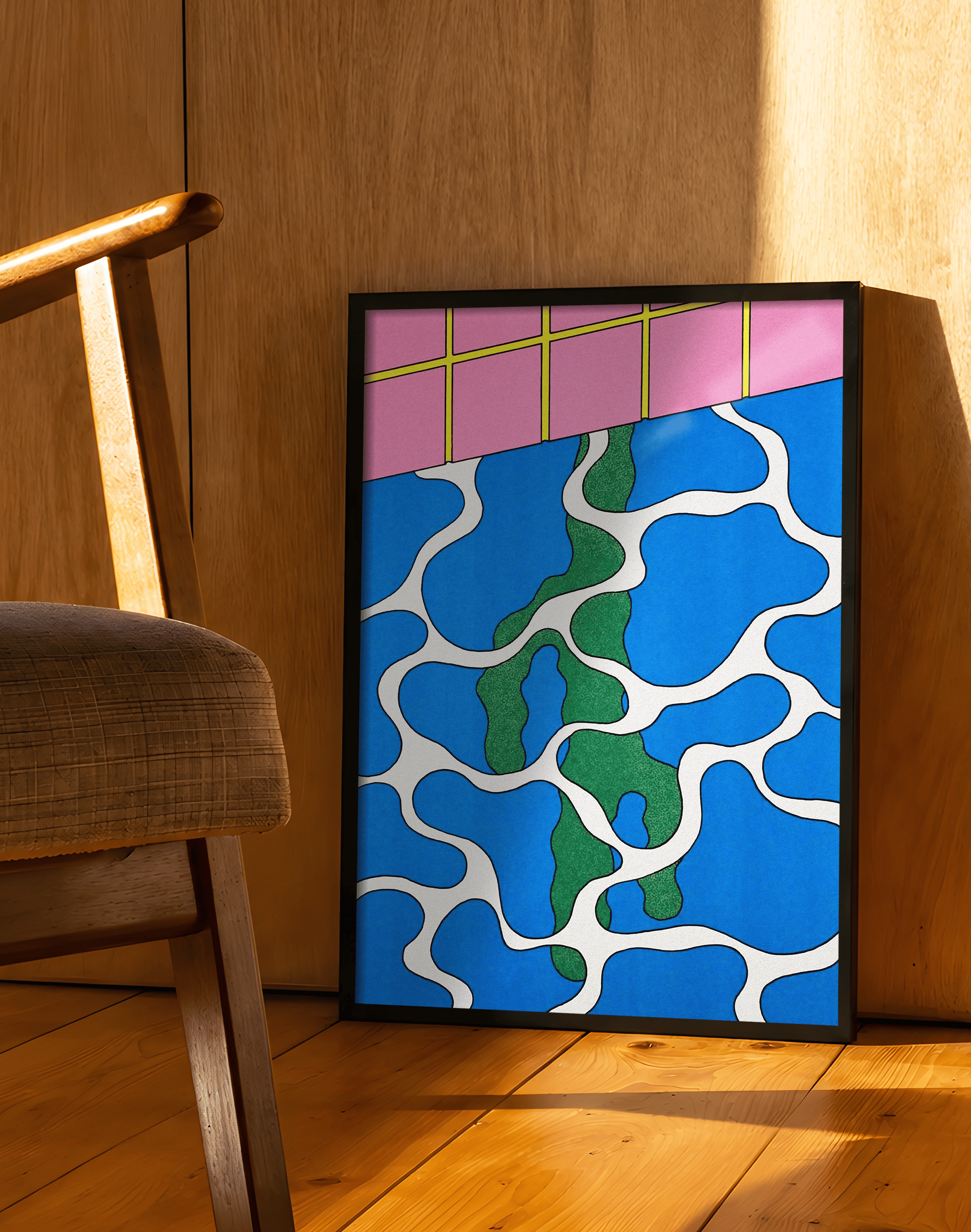 Blue Grid Modern Duvar Tablosu – Mavi Yeşil Abstract Poster