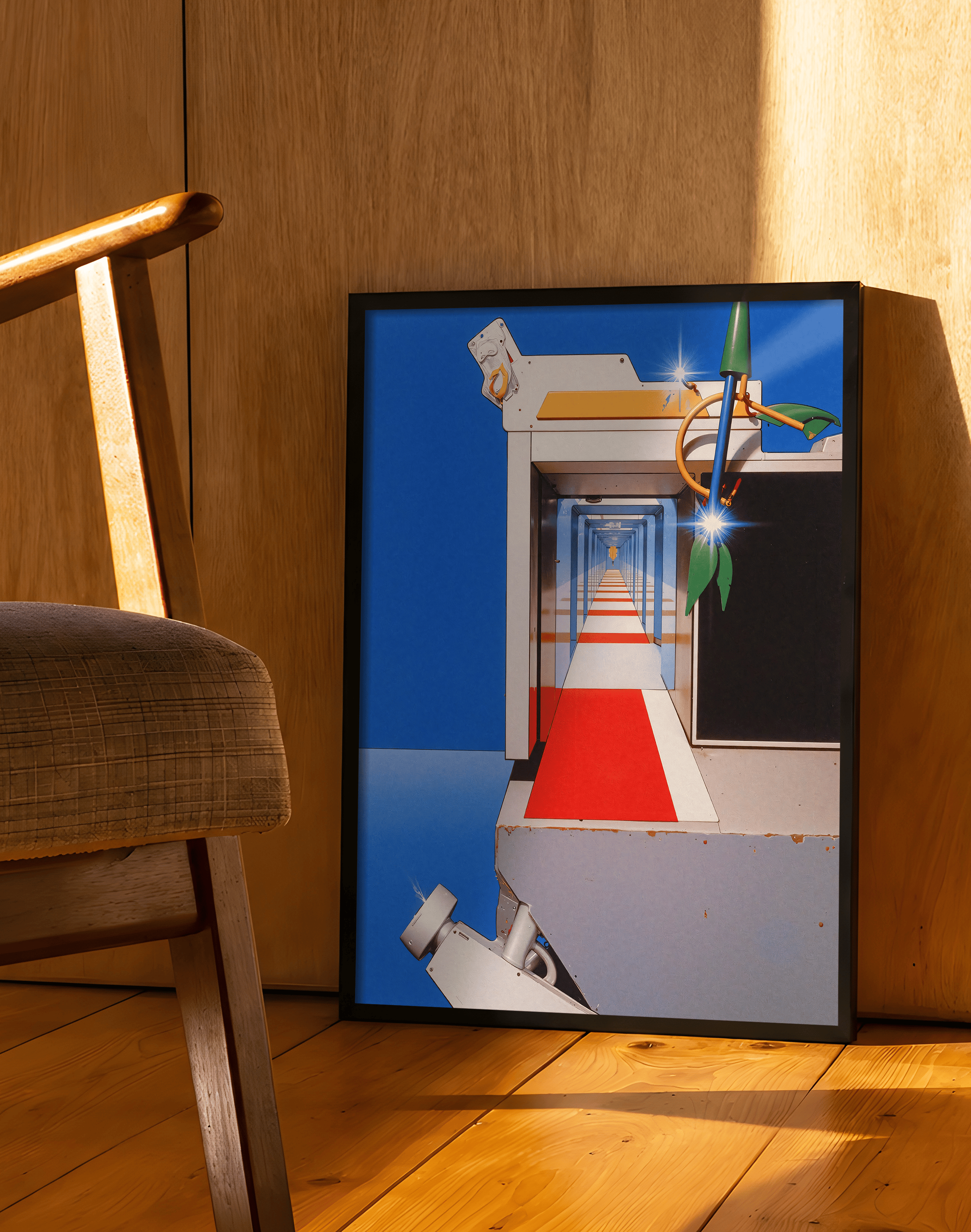 Blue Portal Modern Duvar Tablosu – Mavi Kırmızı Retro Futuristik Poster