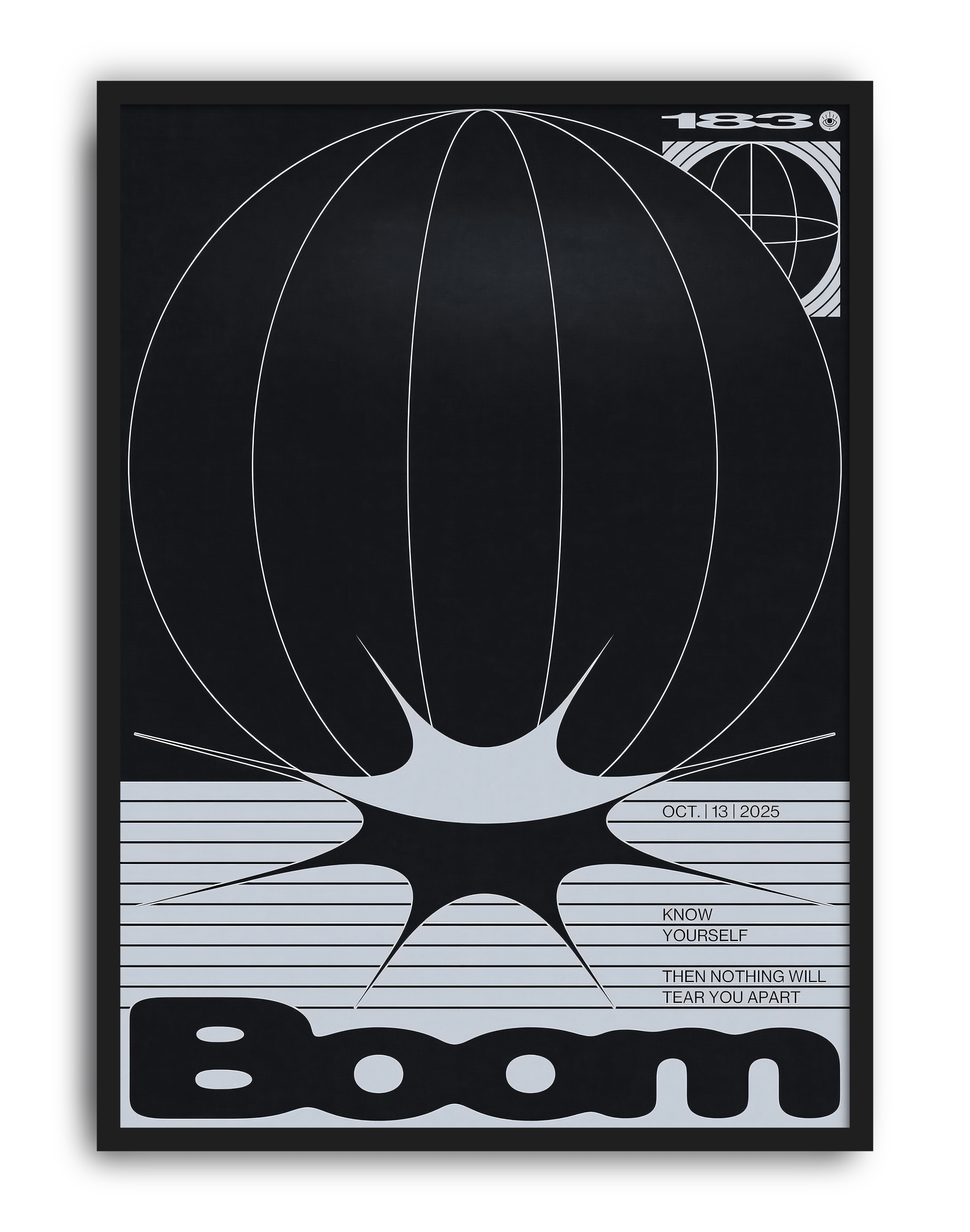 Boom Orbit Modern Duvar Tablosu – Siyah Beyaz Optik Tipografik Poster