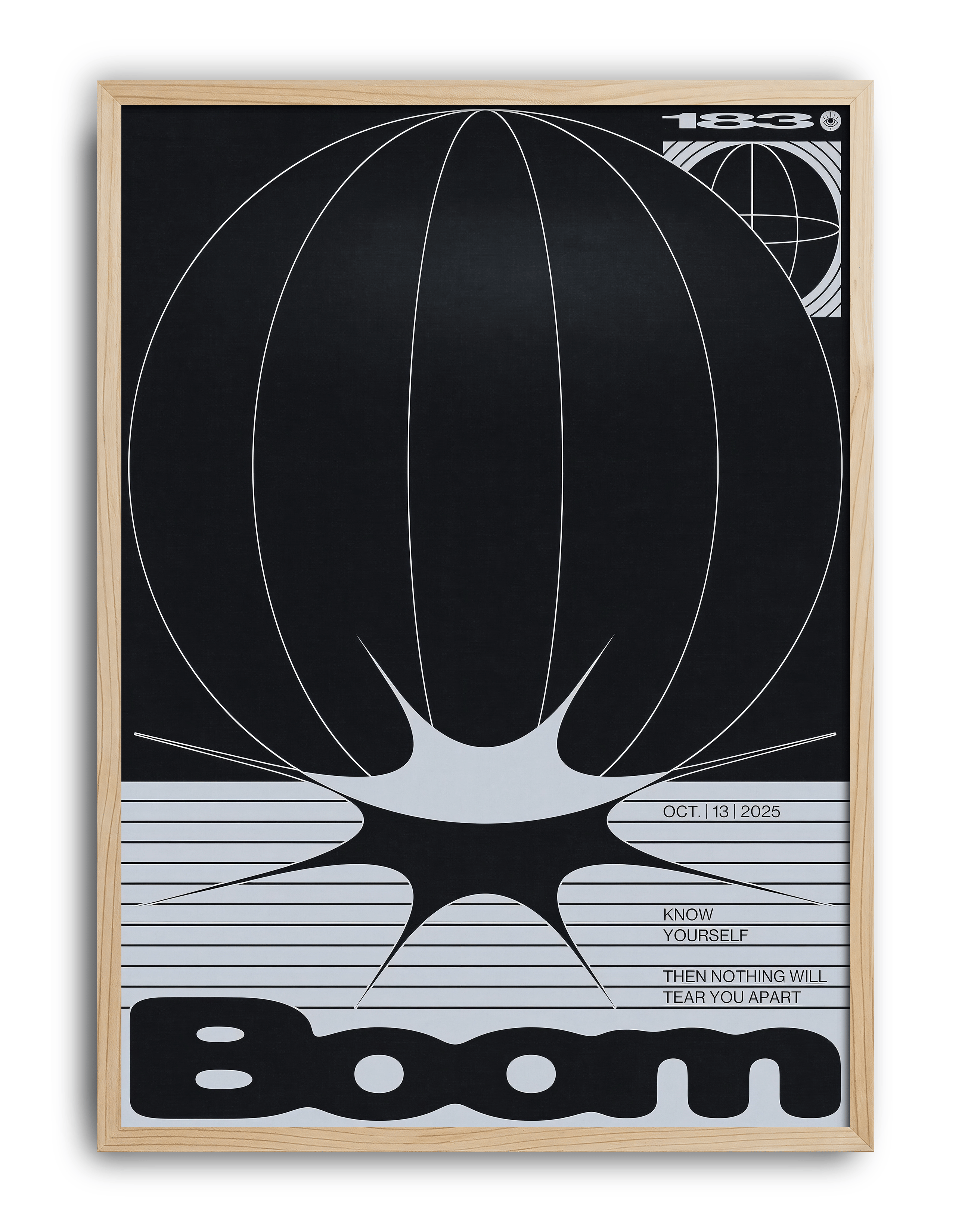 Boom Orbit Modern Duvar Tablosu – Siyah Beyaz Optik Tipografik Poster