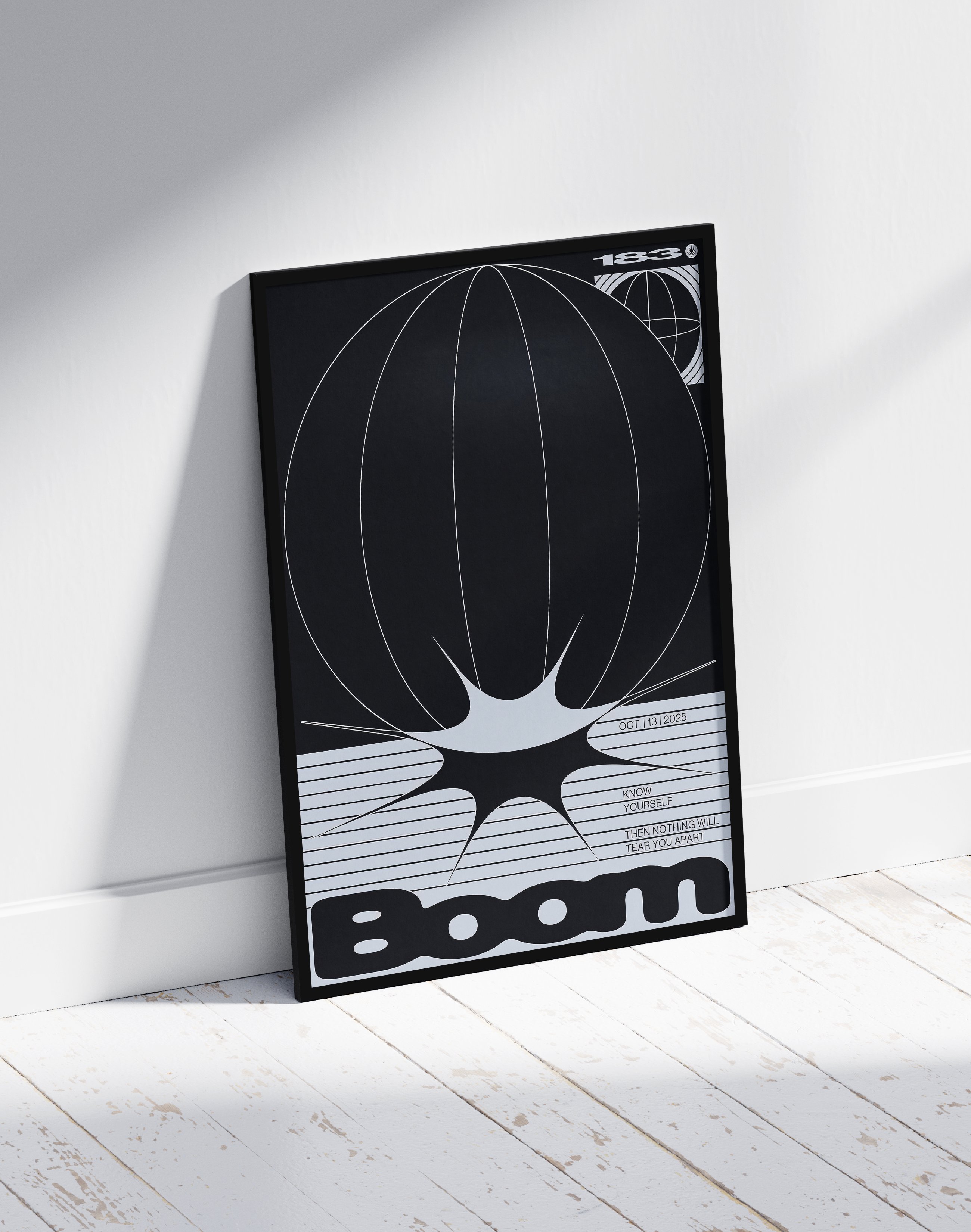 Boom Orbit Modern Duvar Tablosu – Siyah Beyaz Optik Tipografik Poster