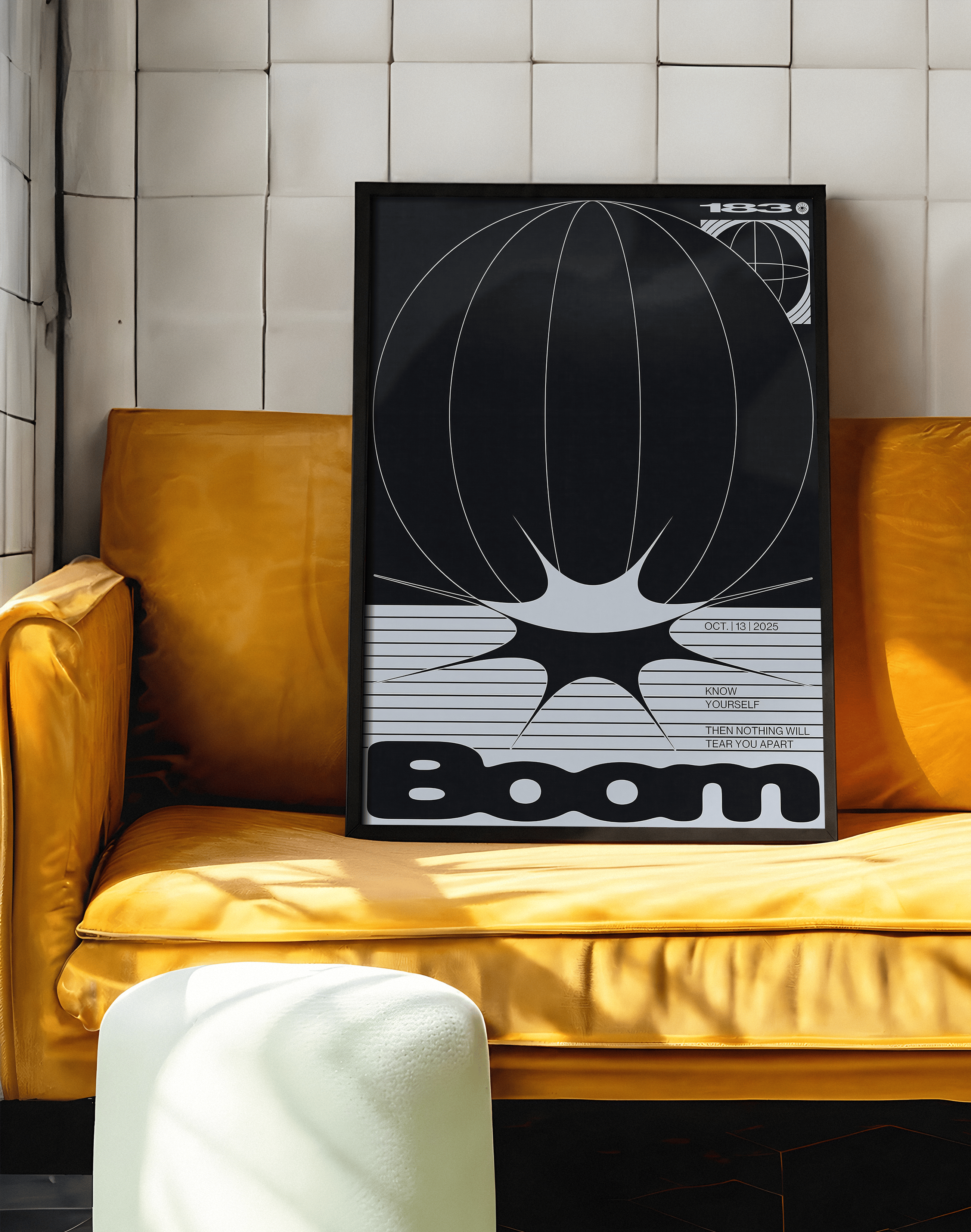 Boom Orbit Modern Duvar Tablosu – Siyah Beyaz Optik Tipografik Poster