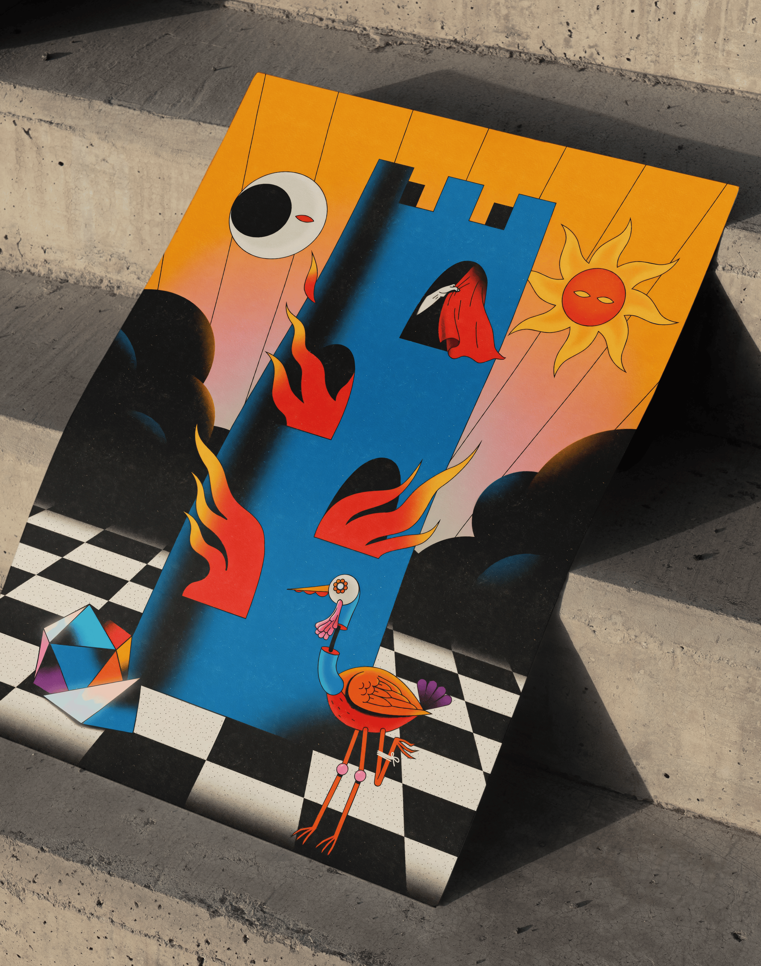 Burning Tower Modern Duvar Tablosu – Sürreal Mavi Kule ve Alev Poster