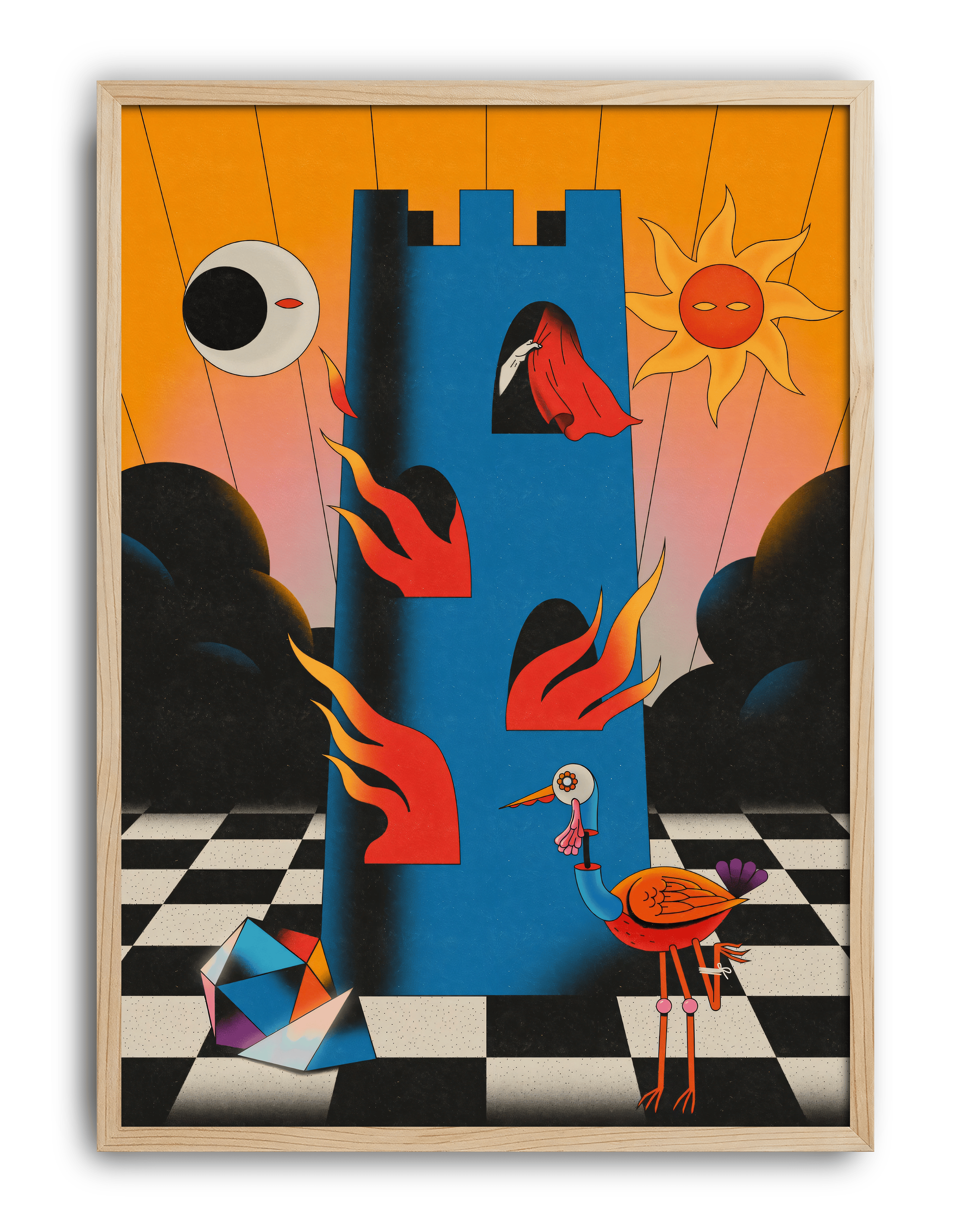 Burning Tower Modern Duvar Tablosu – Sürreal Mavi Kule ve Alev Poster