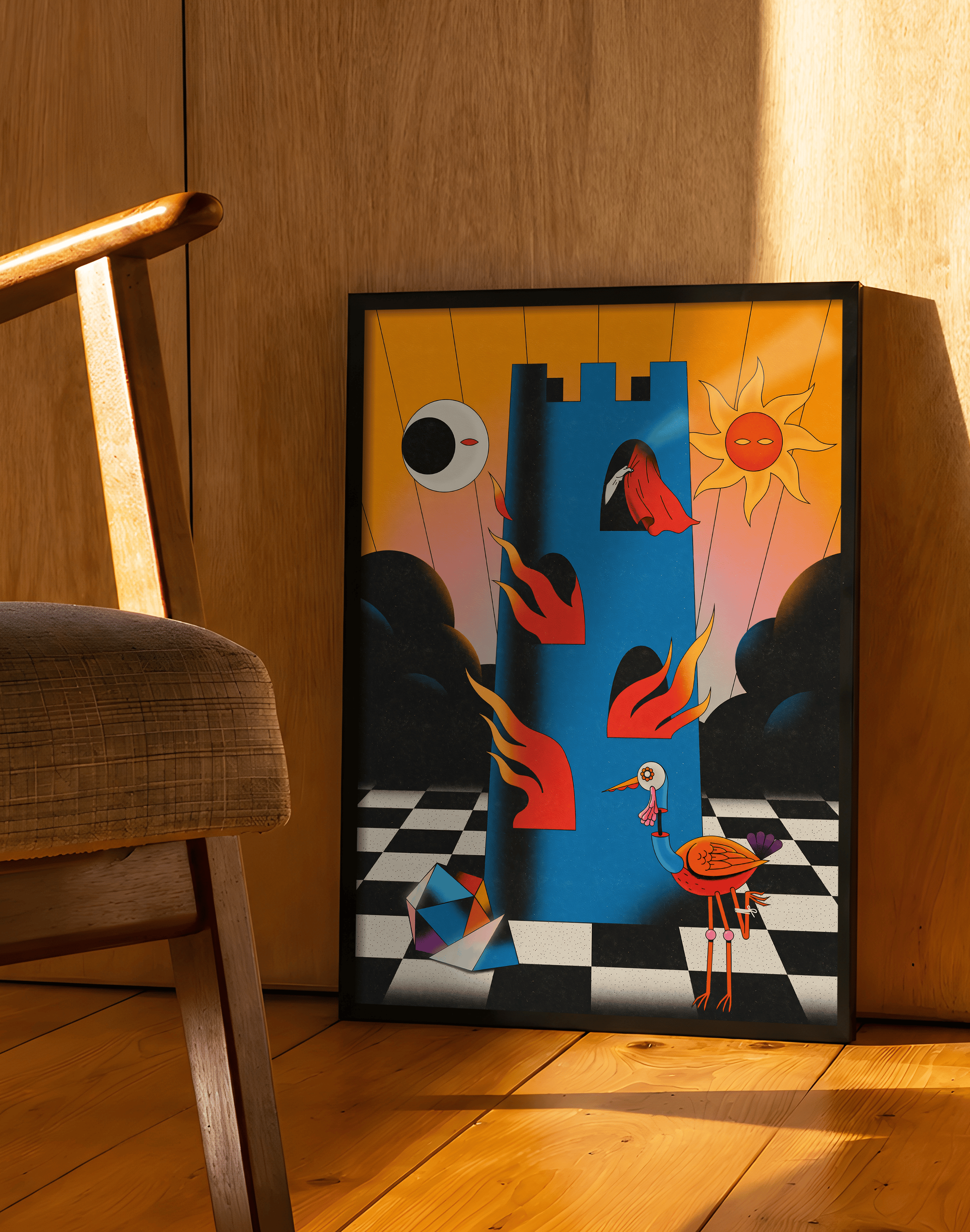 Burning Tower Modern Duvar Tablosu – Sürreal Mavi Kule ve Alev Poster