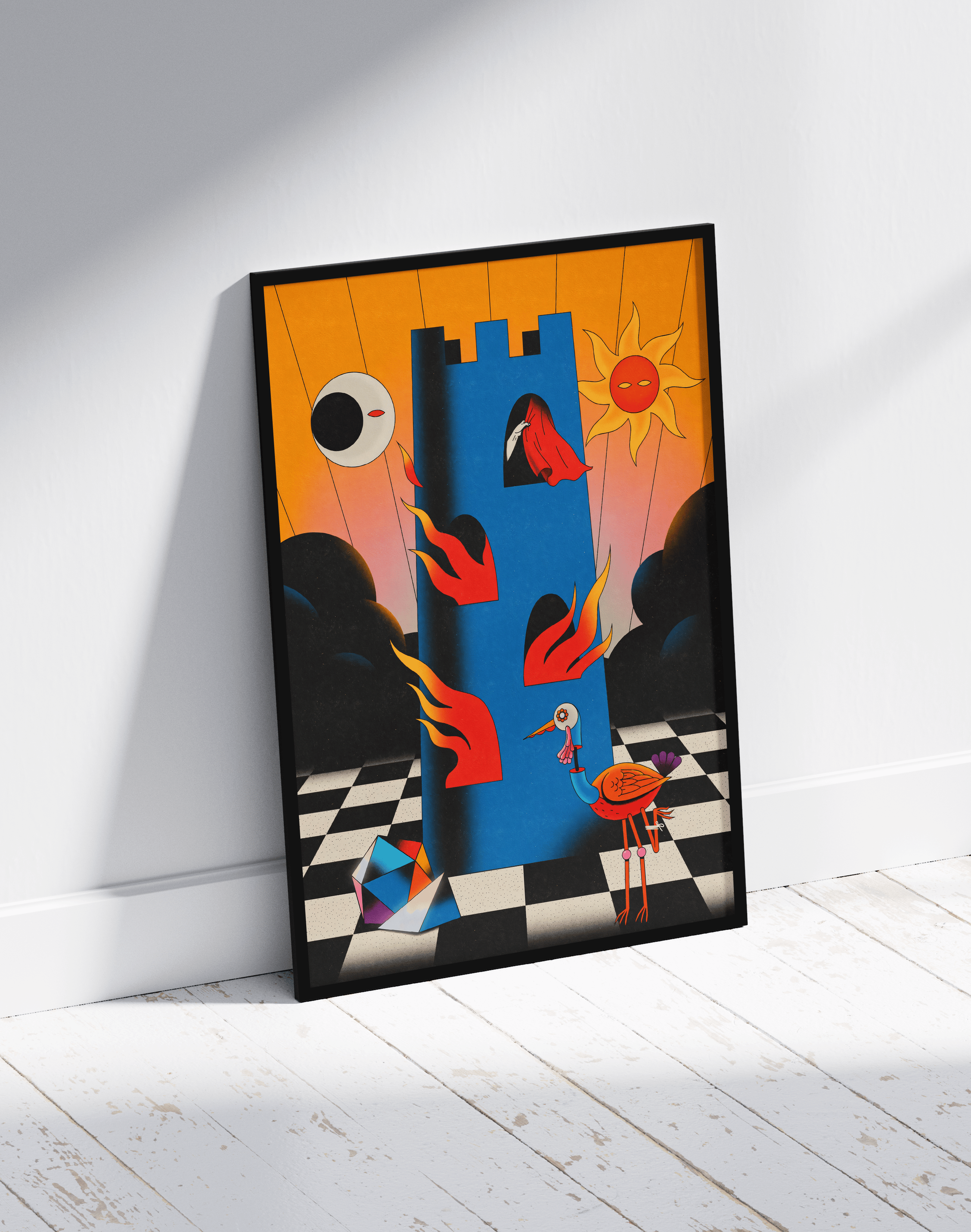 Burning Tower Modern Duvar Tablosu – Sürreal Mavi Kule ve Alev Poster