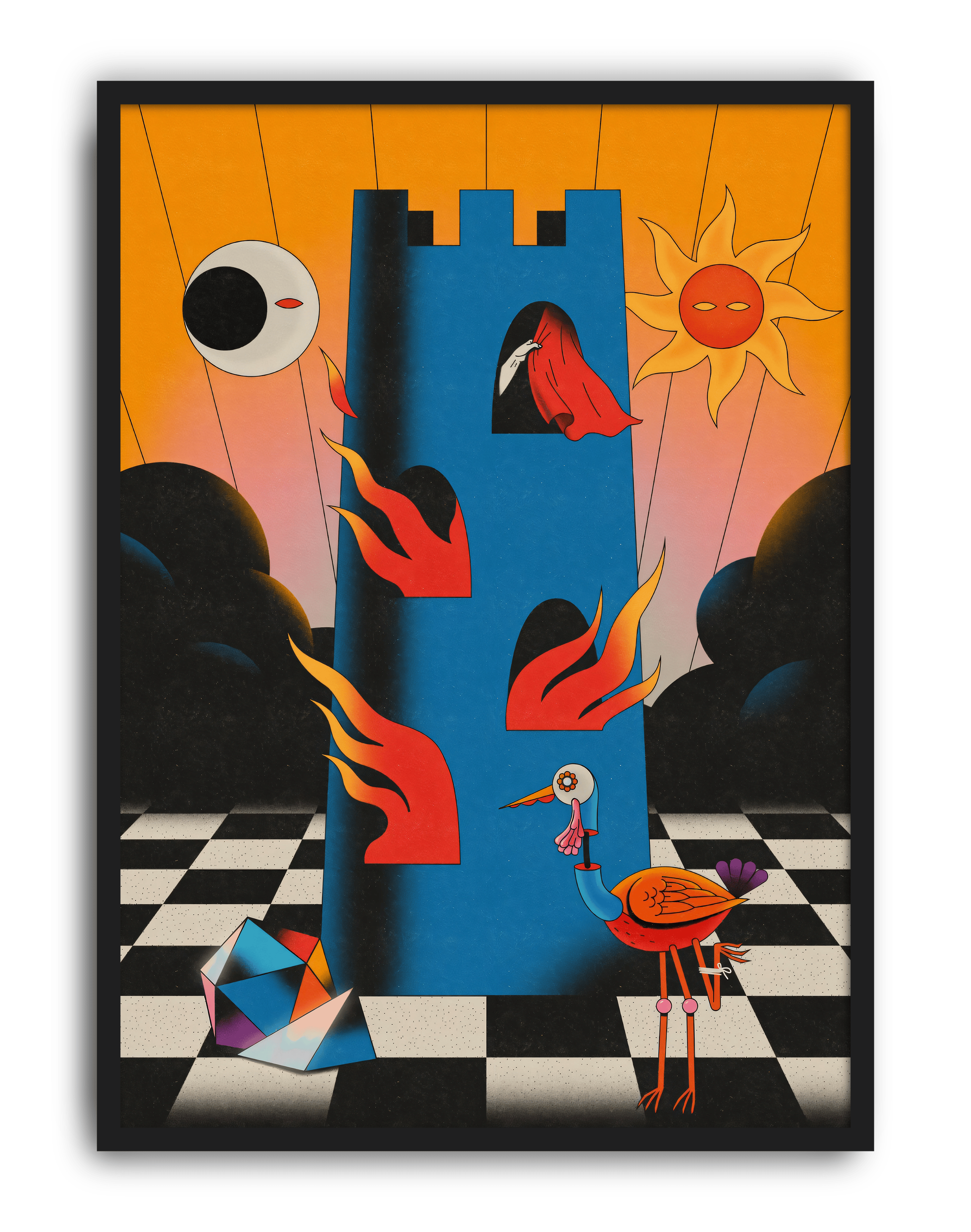 Burning Tower Modern Duvar Tablosu – Sürreal Mavi Kule ve Alev Poster