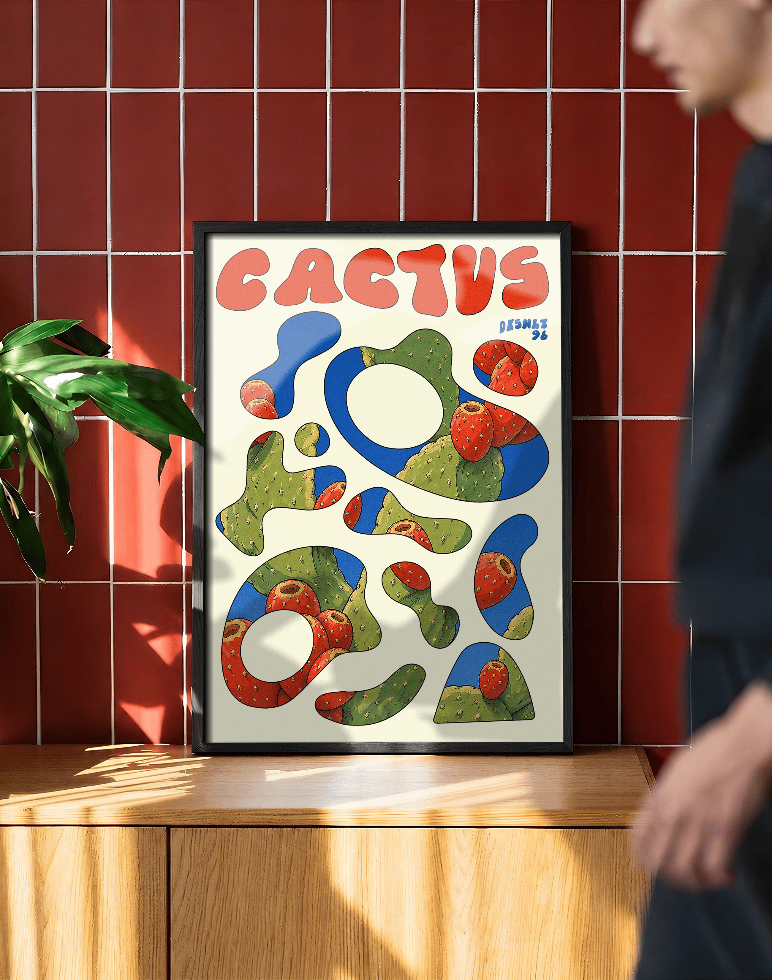 Cactus Flow Modern Duvar Tablosu – Krem Mavi Kaktüs Poster
