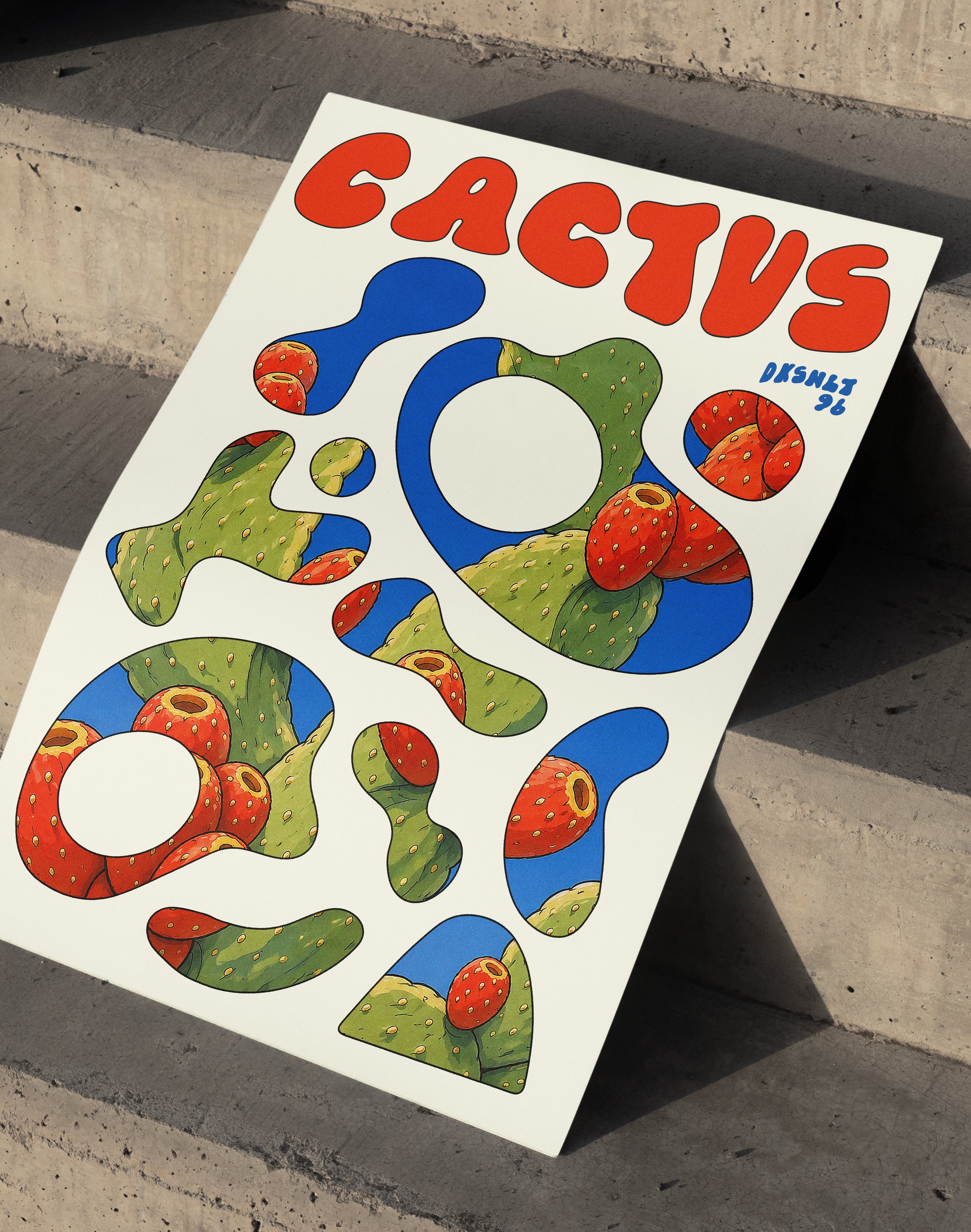 Cactus Flow Modern Duvar Tablosu – Krem Mavi Kaktüs Poster