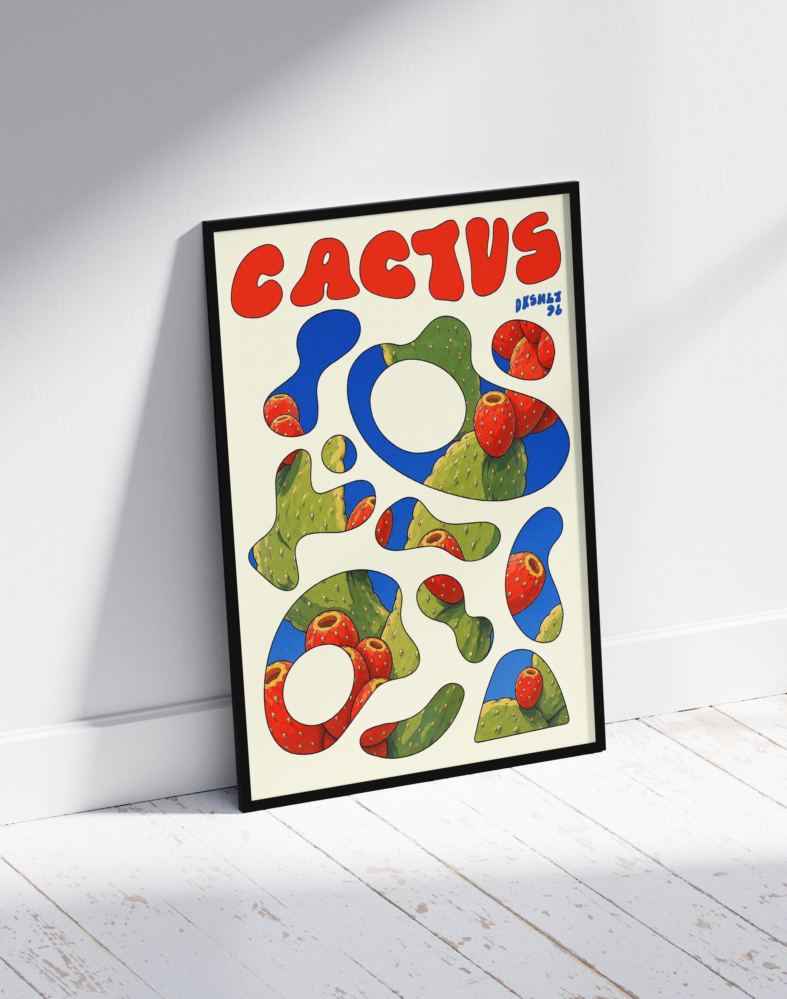 Cactus Flow Modern Duvar Tablosu – Krem Mavi Kaktüs Poster