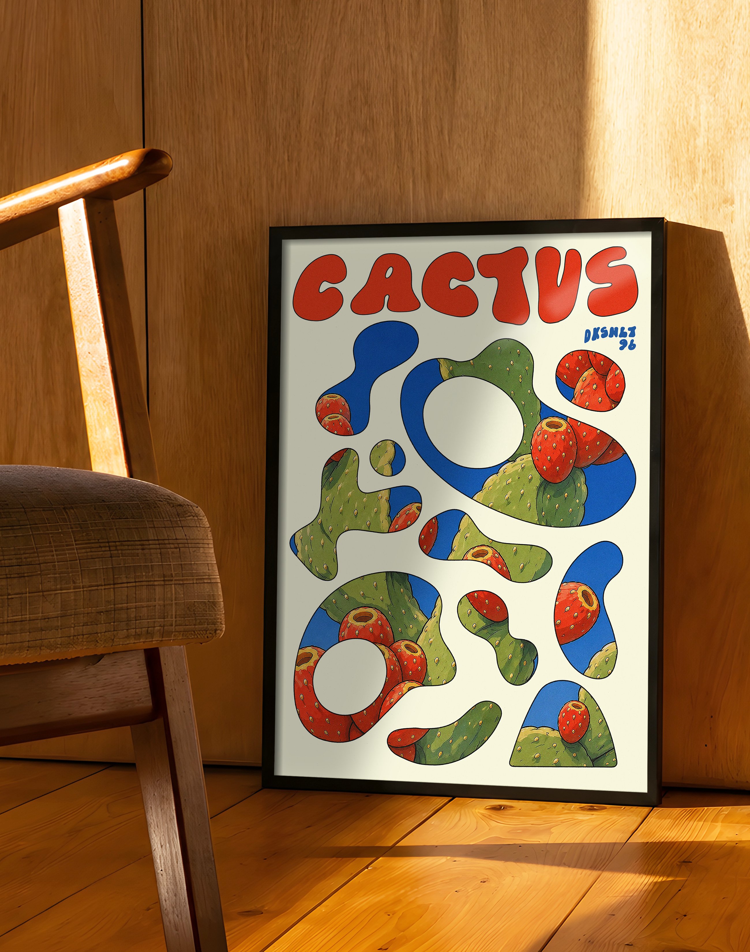 Cactus Flow Modern Duvar Tablosu – Krem Mavi Kaktüs Poster