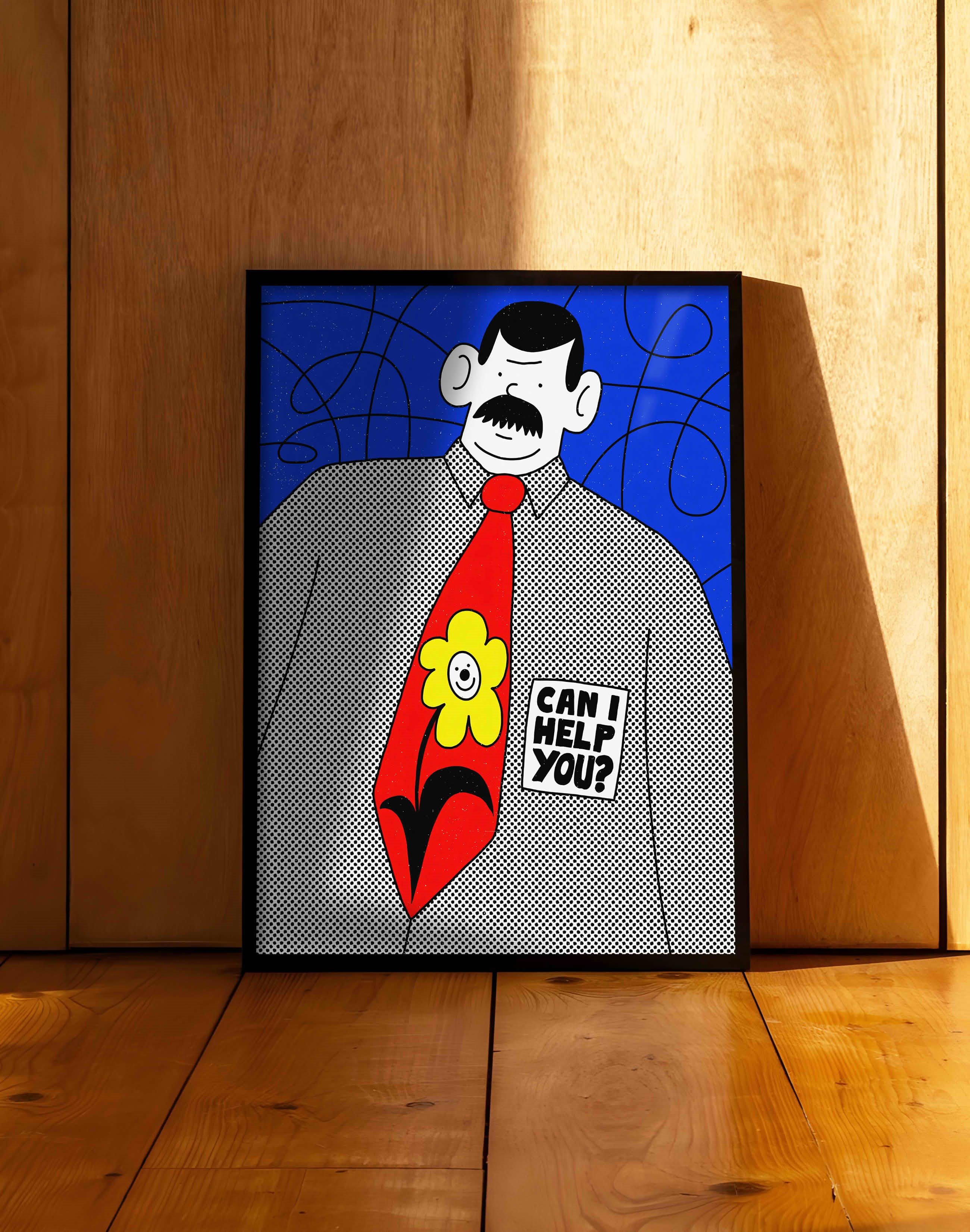 Can I Help You Mavi Kırmızı Figüratif Duvar Tablosu - İllüstrasyon Poster