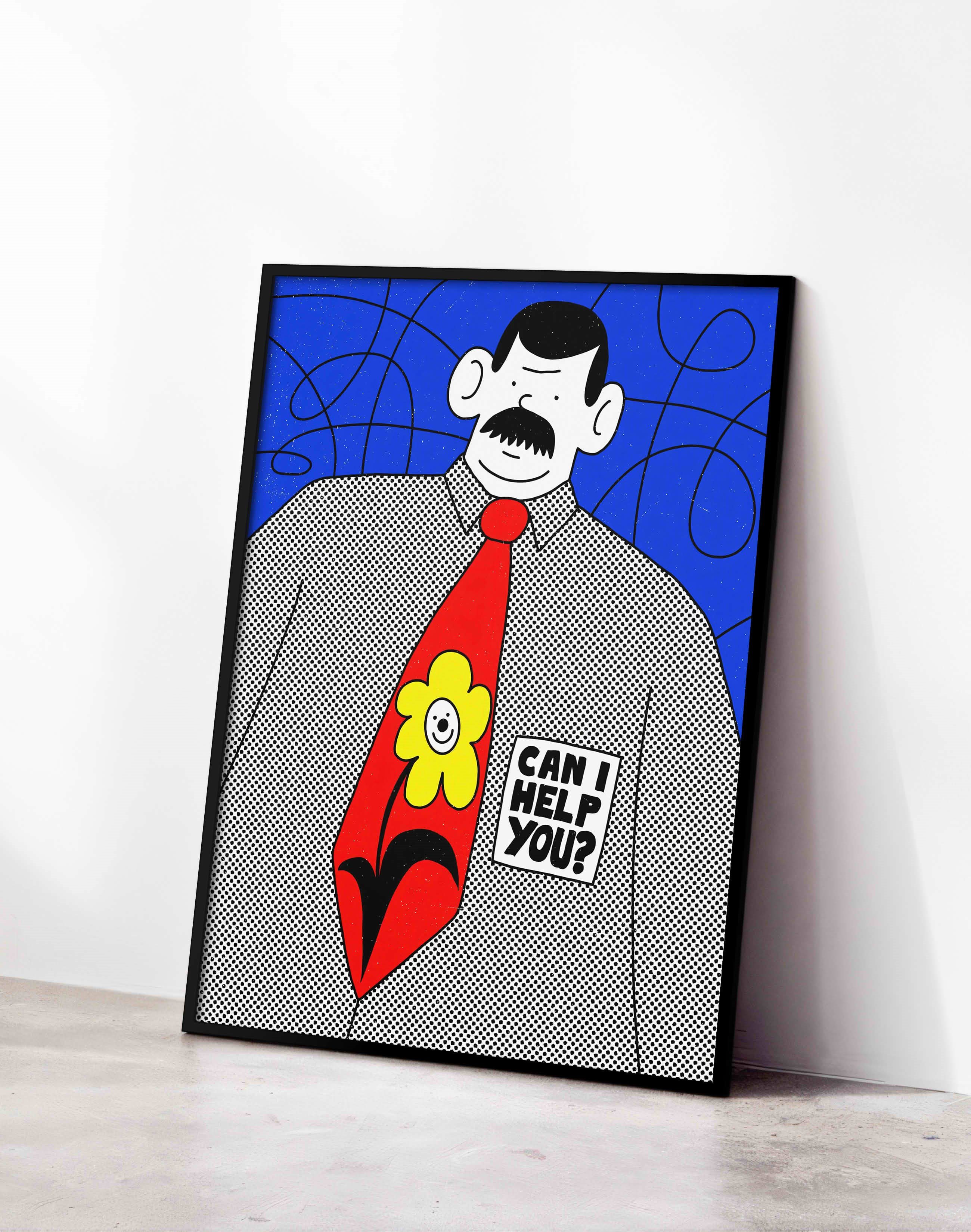 Can I Help You Mavi Kırmızı Figüratif Duvar Tablosu - İllüstrasyon Poster