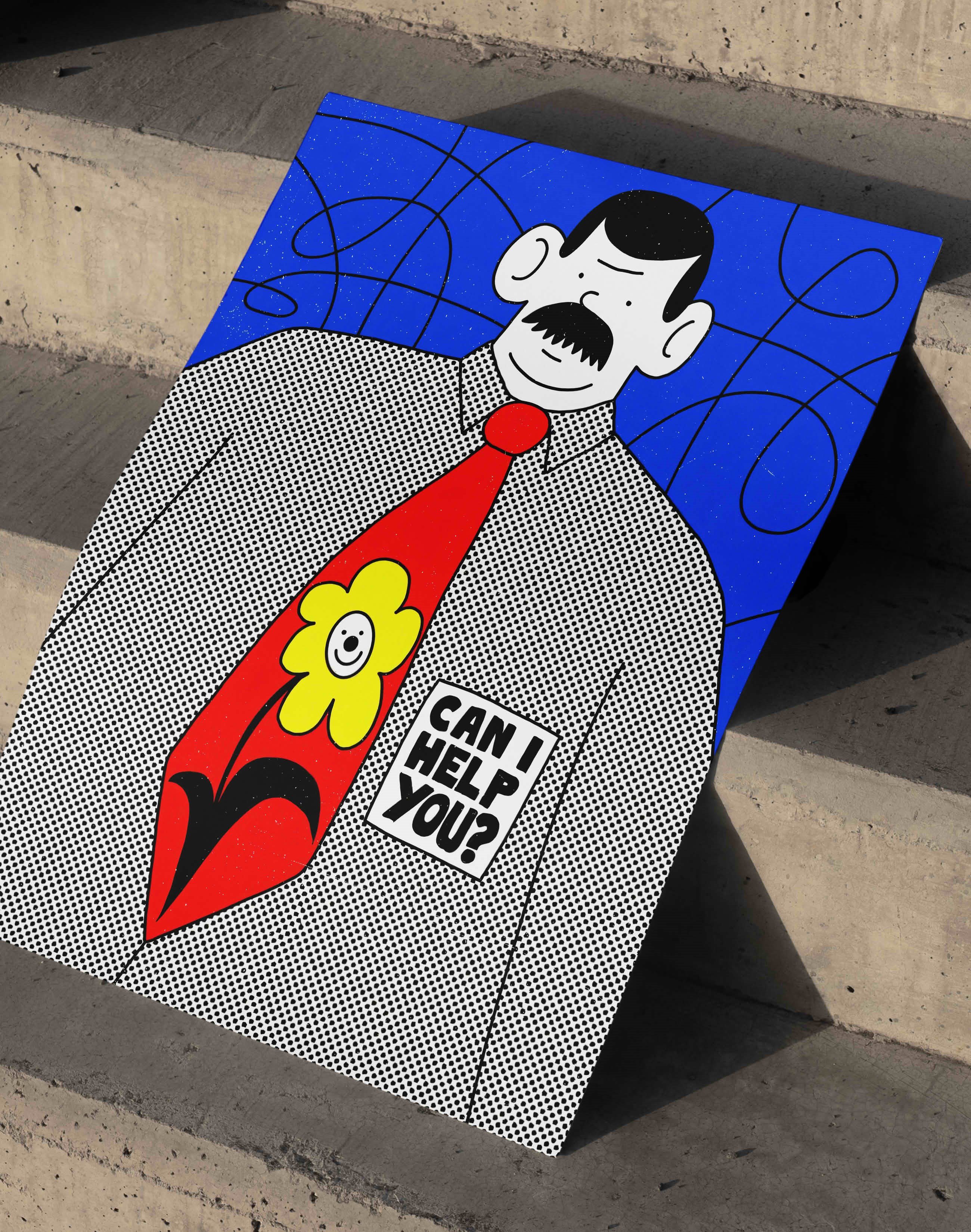 Can I Help You Mavi Kırmızı Figüratif Duvar Tablosu - İllüstrasyon Poster