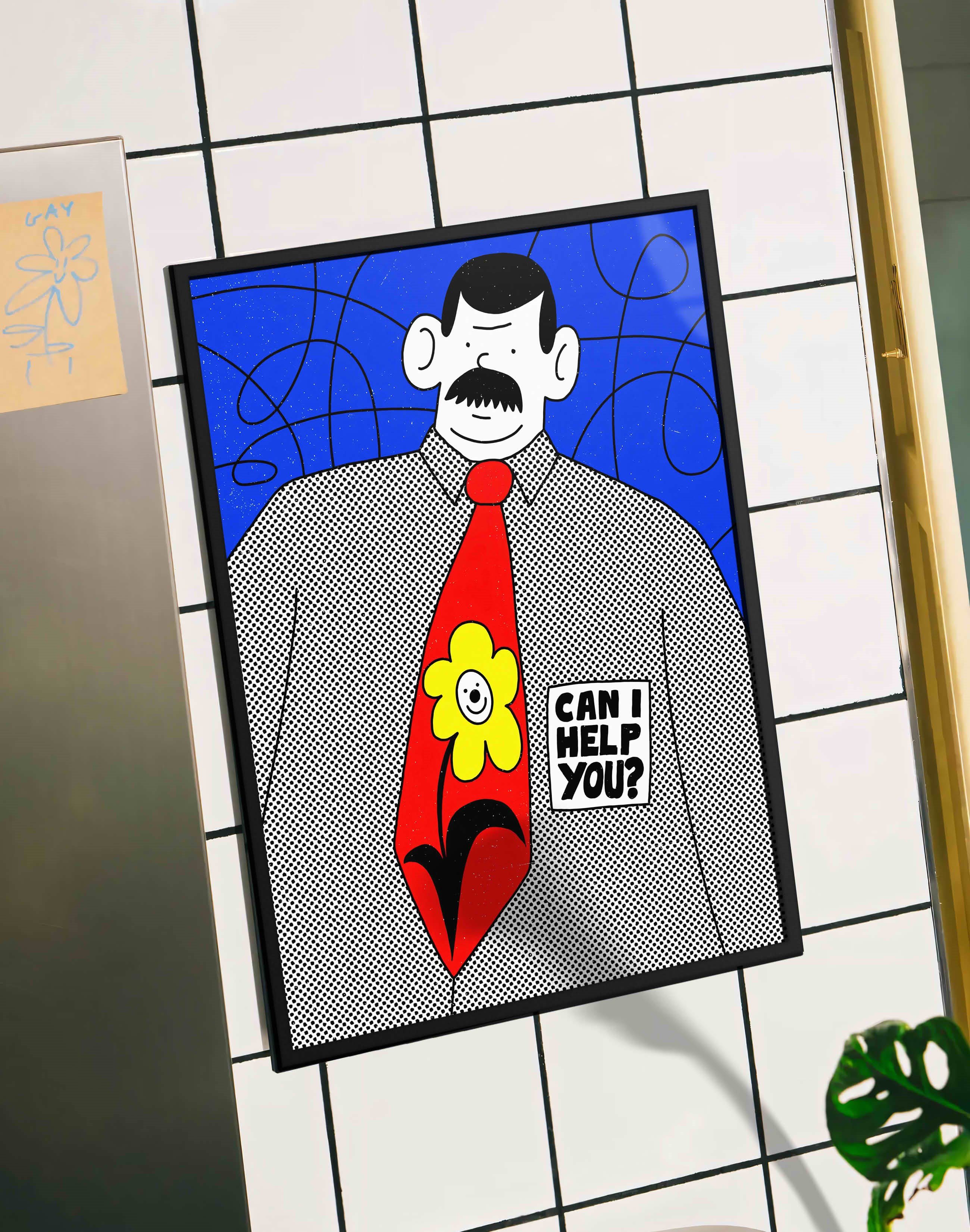 Can I Help You Mavi Kırmızı Figüratif Duvar Tablosu - İllüstrasyon Poster