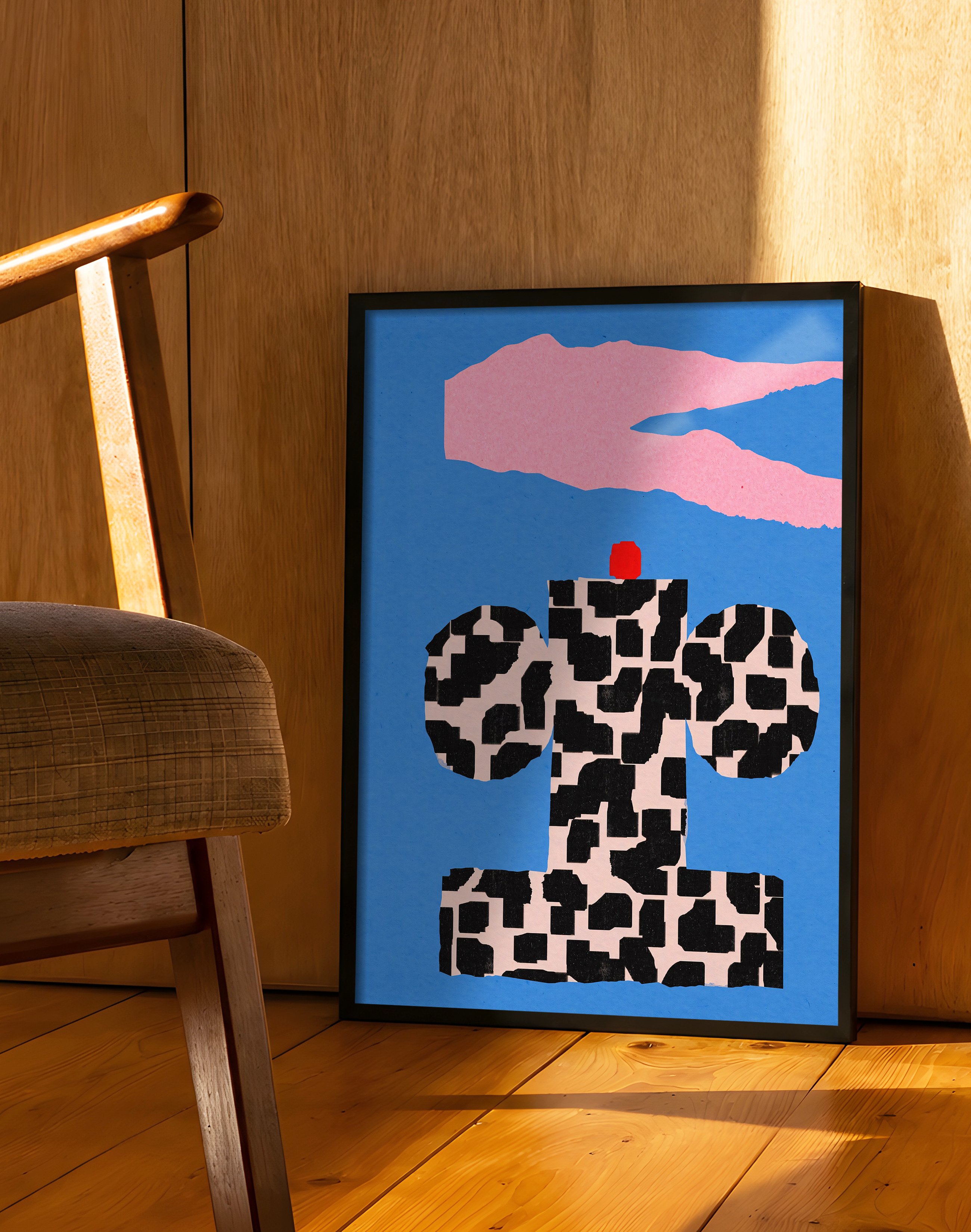 Checkered Totem Modern Duvar Tablosu – Mavi Zeminli Geometrik Abstract Poster
