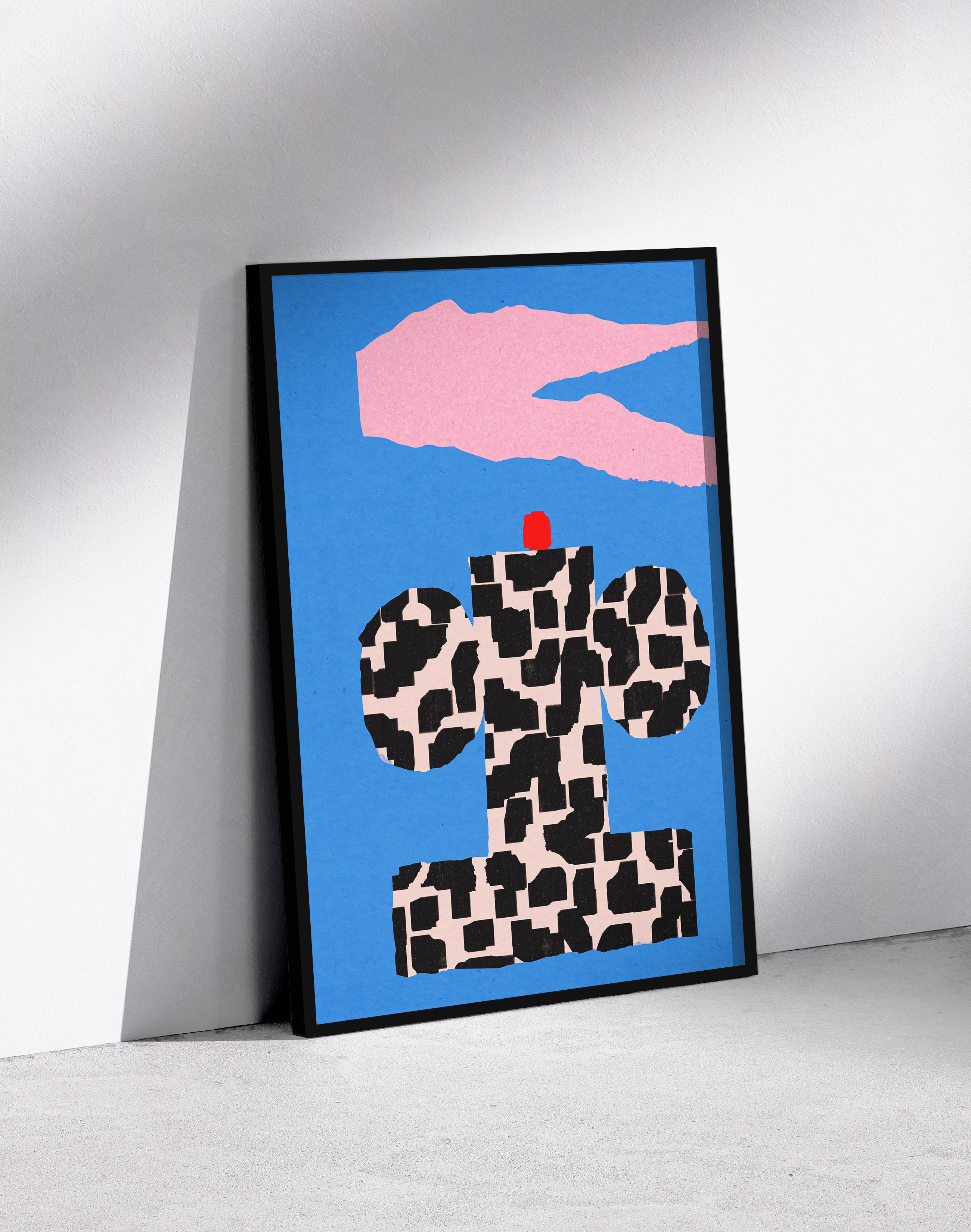 Checkered Totem Modern Duvar Tablosu – Mavi Zeminli Geometrik Abstract Poster