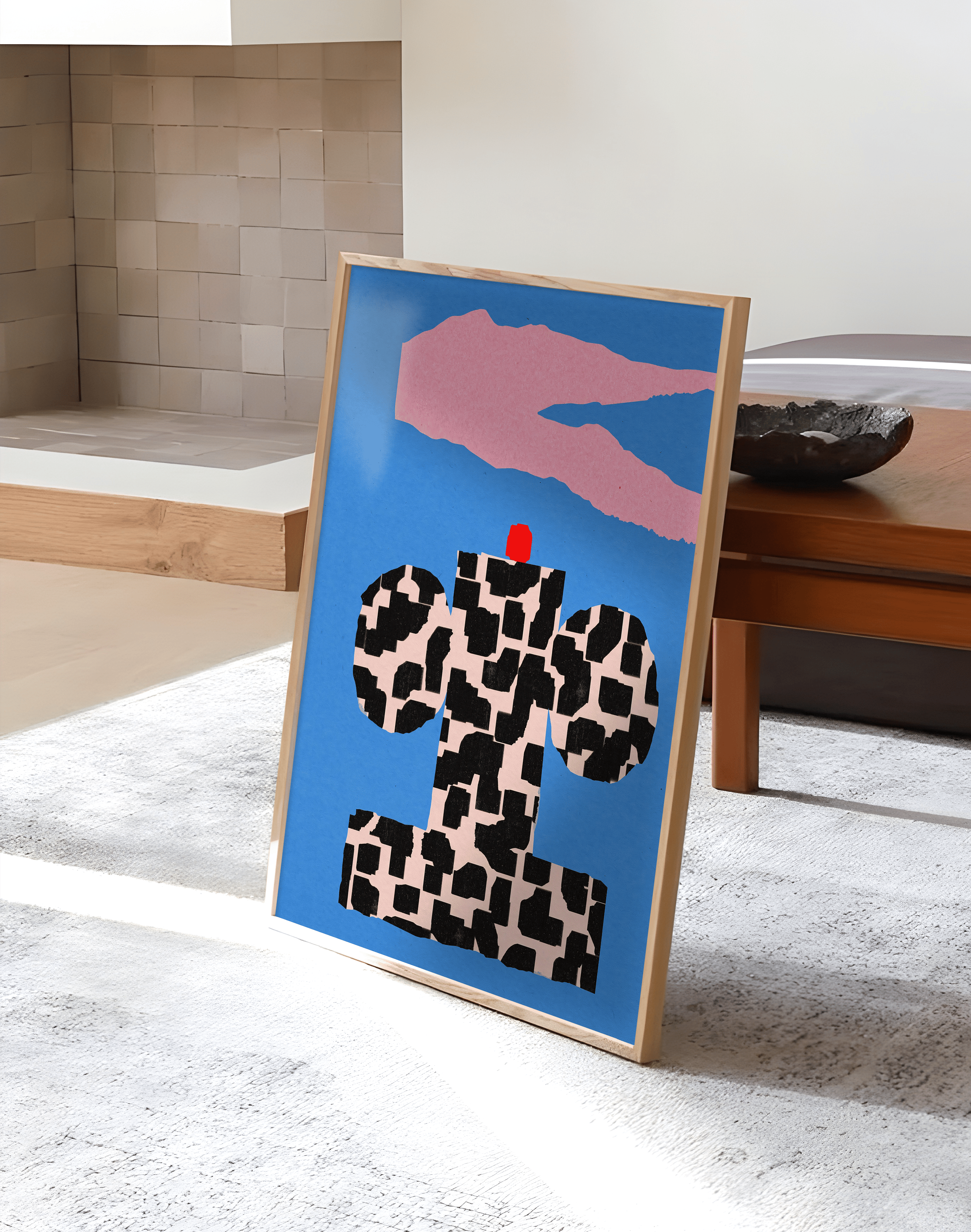 Checkered Totem Modern Duvar Tablosu – Mavi Zeminli Geometrik Abstract Poster