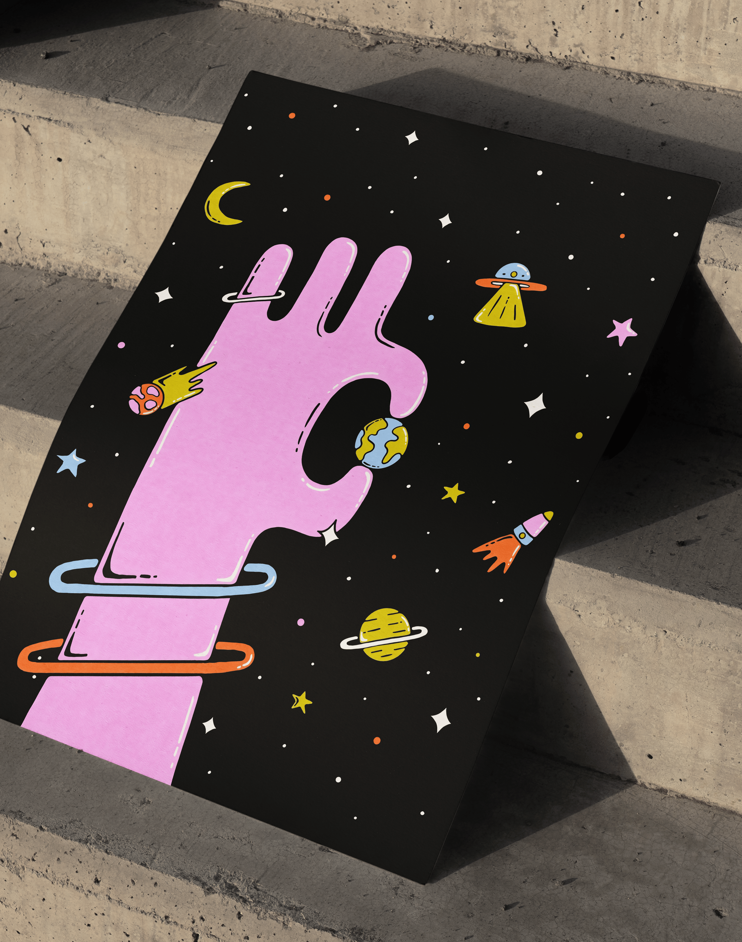 Cosmic Hand Modern Duvar Tablosu – Pembe El ve Uzay Poster